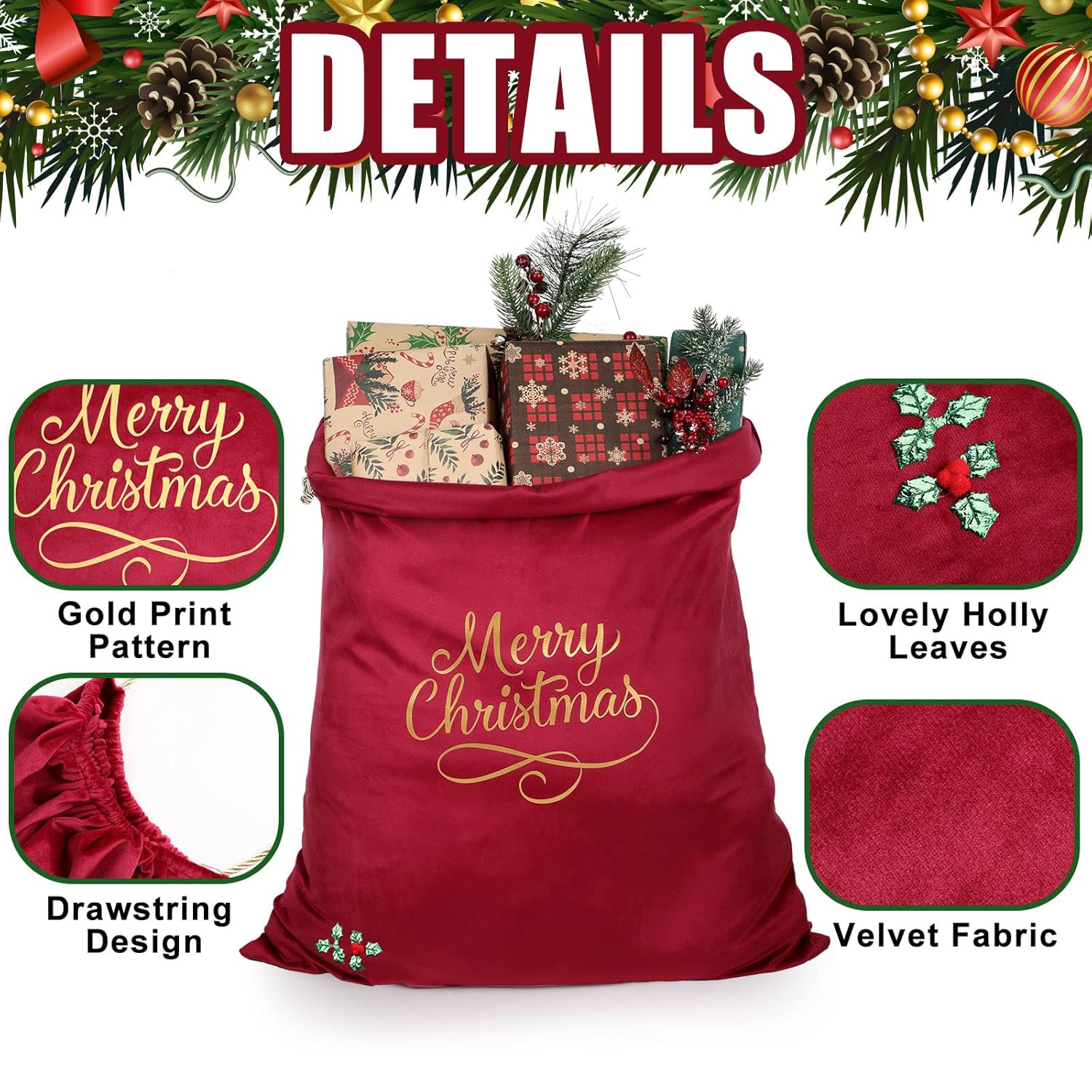 Hillban Hillban Extra Large Santa Gift Sack 36 x 27 Inch Velvet Drawstring Bag for Christmas Presents Toys Storage Holiday Decor Red - View 4 of 7
