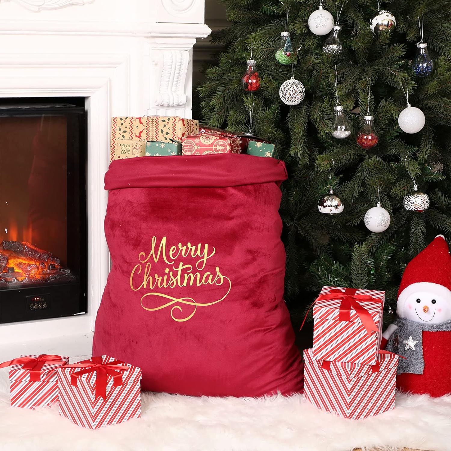 Hillban Hillban Extra Large Santa Gift Sack 36 x 27 Inch Velvet Drawstring Bag for Christmas Presents Toys Storage Holiday Decor Red - View 5 of 7