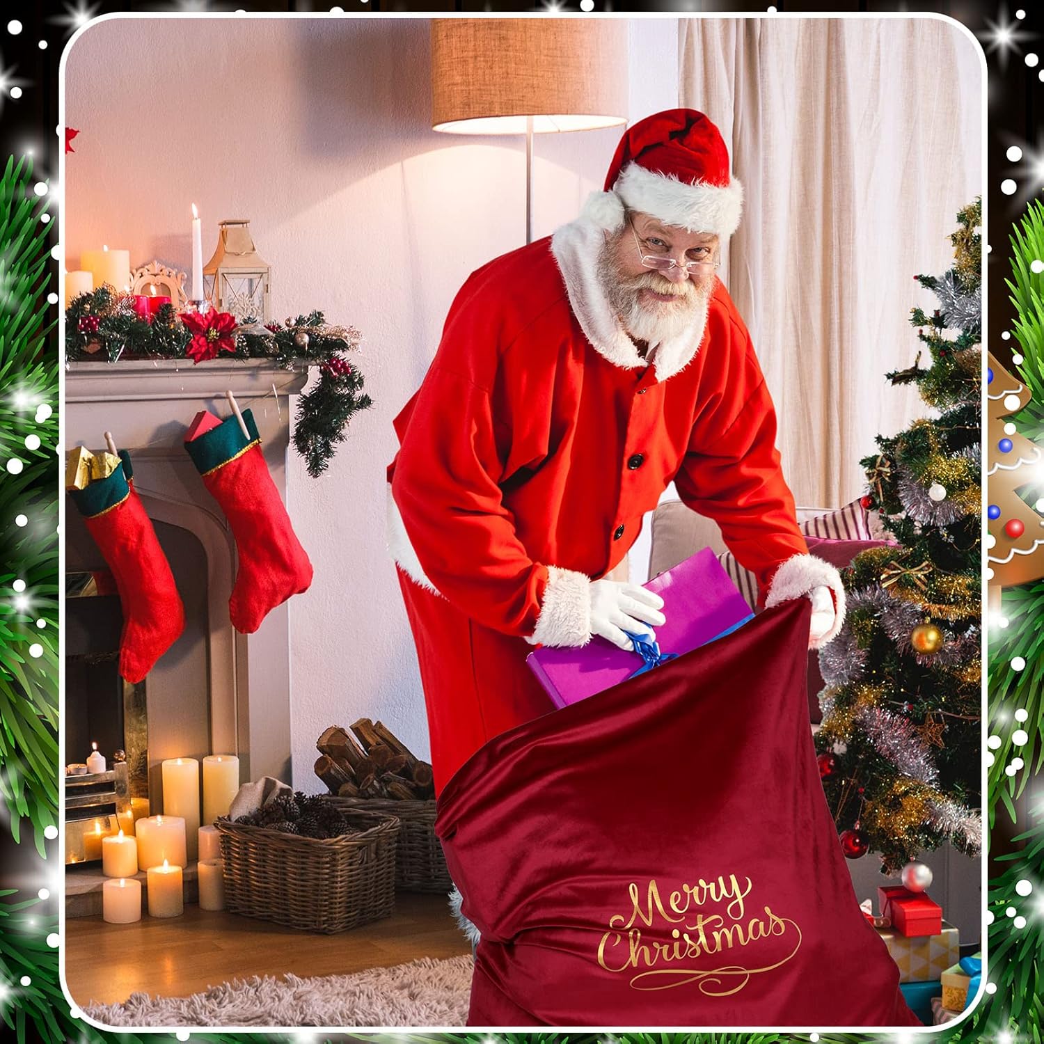 Hillban Hillban Extra Large Santa Gift Sack 36 x 27 Inch Velvet Drawstring Bag for Christmas Presents Toys Storage Holiday Decor Red - View 6 of 7