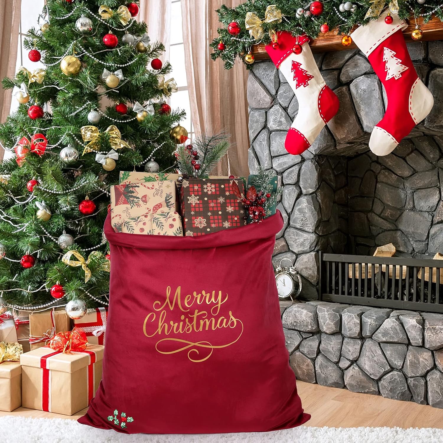 Hillban Hillban Extra Large Santa Gift Sack 36 x 27 Inch Velvet Drawstring Bag for Christmas Presents Toys Storage Holiday Decor Red - View 7 of 7