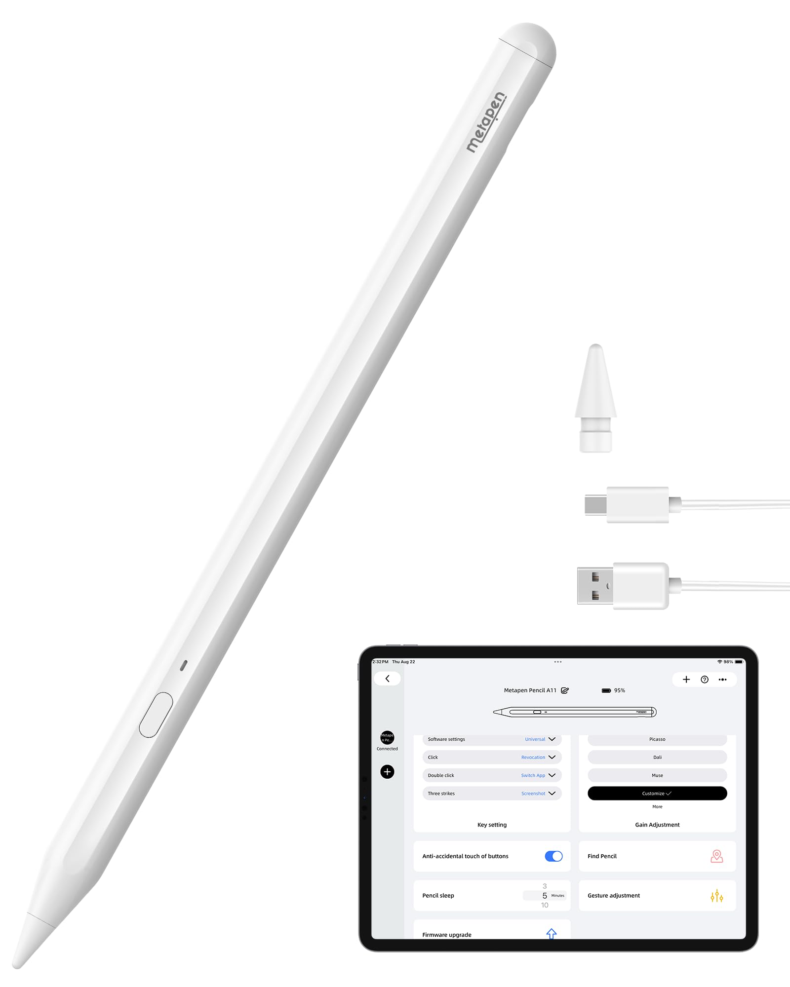 metapen Metapen Pencil A11 for iPad 6th to 11th Gen Bluetooth Stylus Pen with Quick Button and Fast Charge for Apple Devices 2018 to 2024