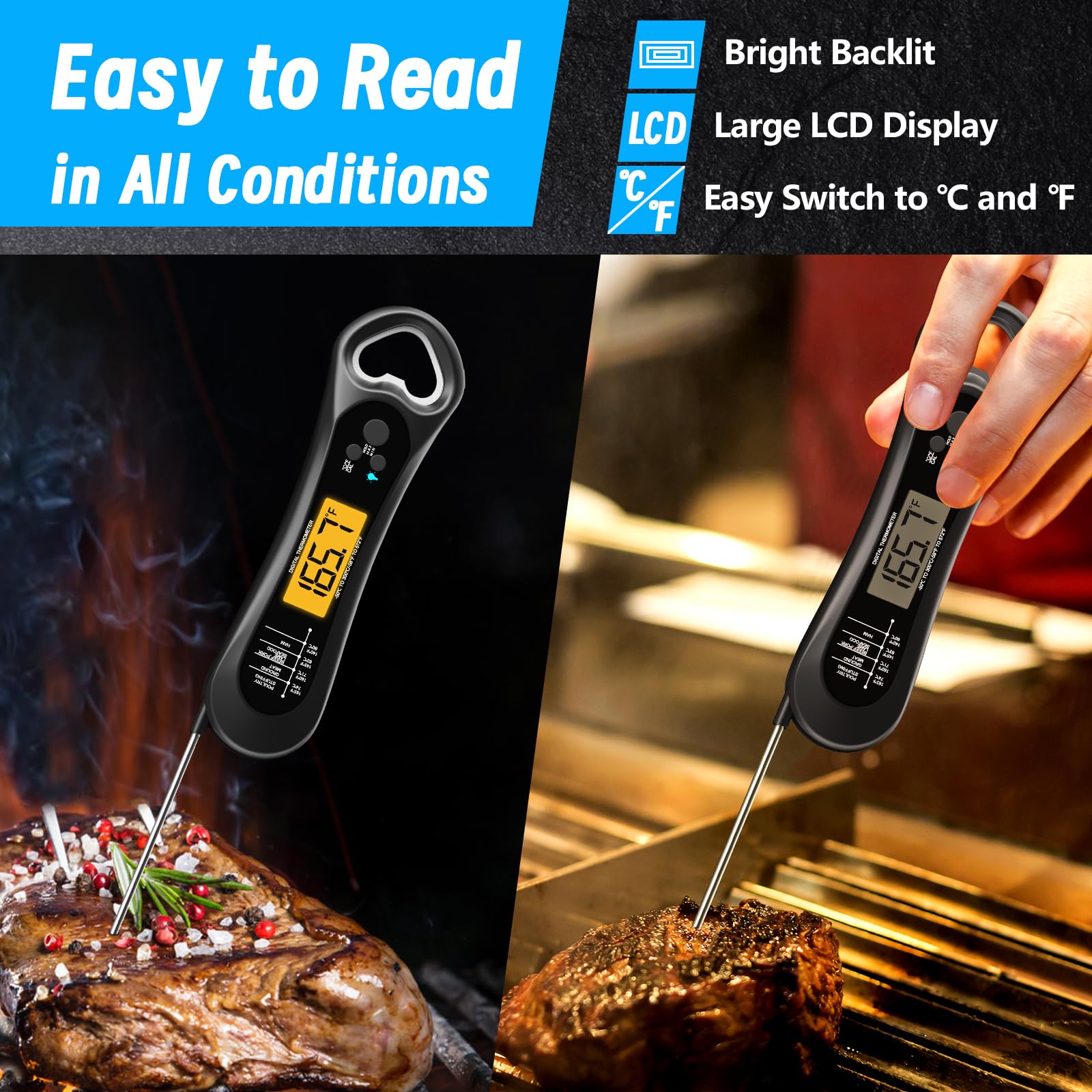 Biison Digital Instant Read Meat Thermometer with Bottle Opener Backlight and Calibration for Grill Cooking BBQ Turkey Candy and Liquids - View 2 of 7