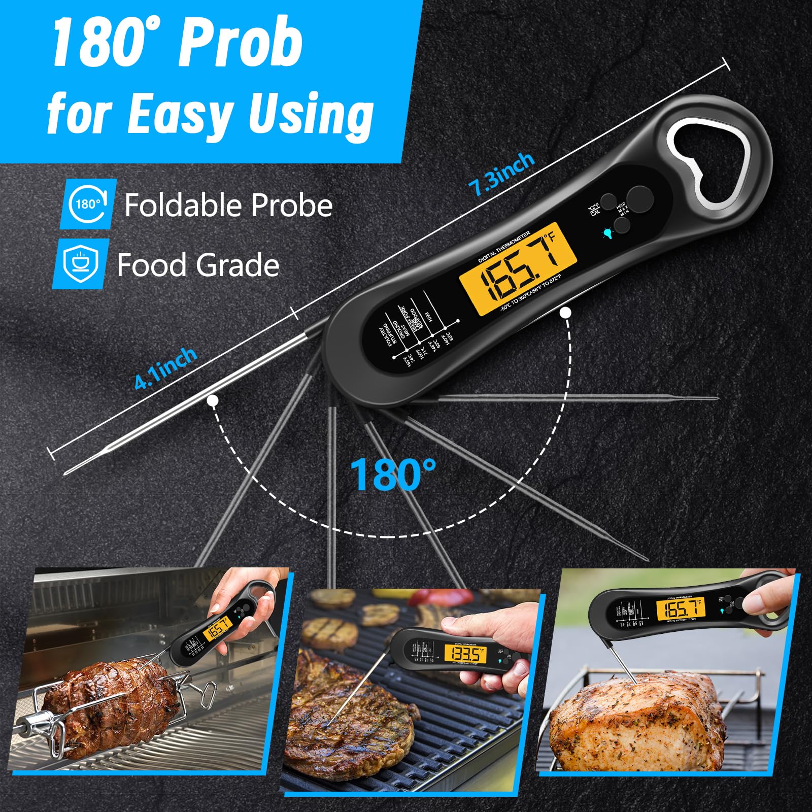 Biison Digital Instant Read Meat Thermometer with Bottle Opener Backlight and Calibration for Grill Cooking BBQ Turkey Candy and Liquids - View 5 of 7