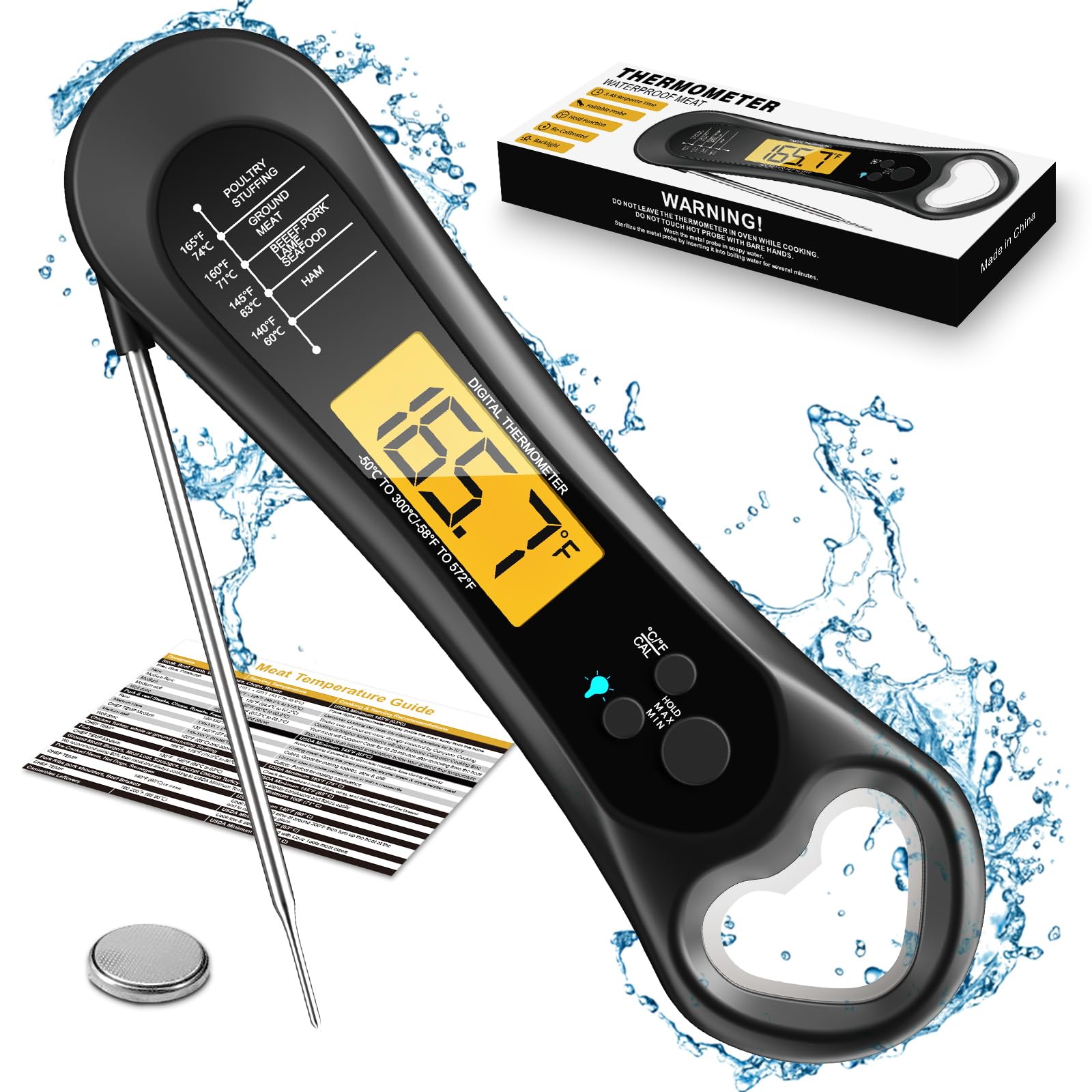 Biison Digital Instant Read Meat Thermometer with Bottle Opener Backlight and Calibration for Grill Cooking BBQ Turkey Candy and Liquids