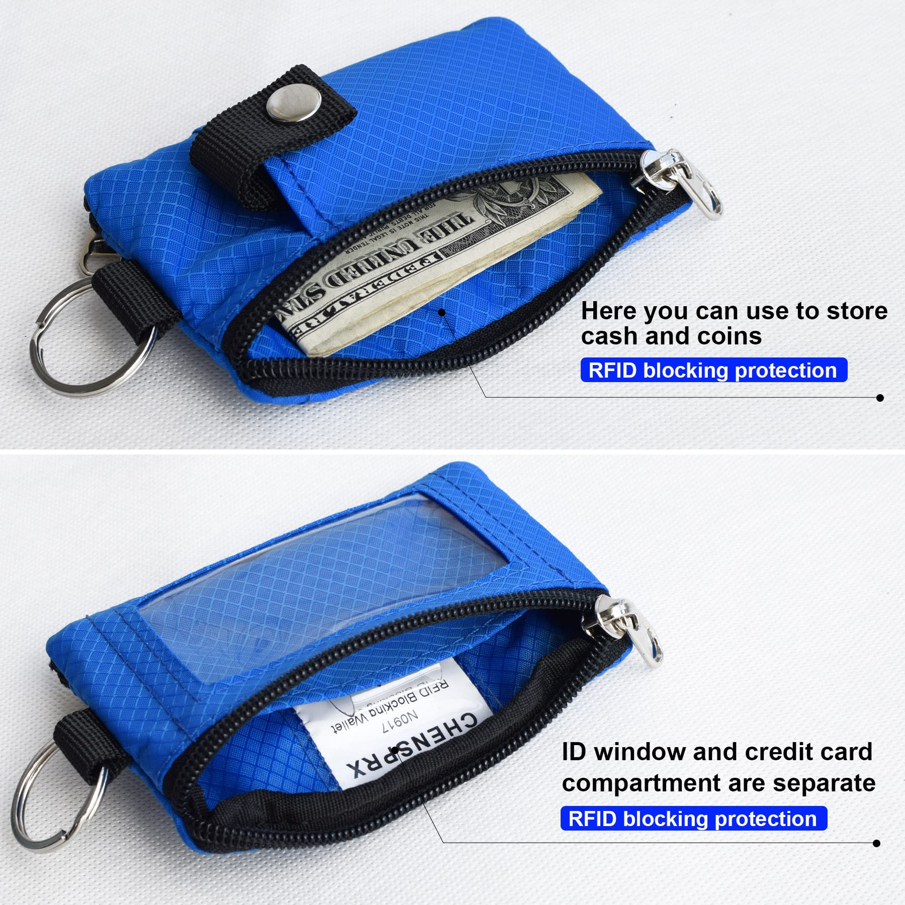 CHENSPRX CHENSPRX Minimalist RFID Blocking Small Wallet with ID Window Water Resistant Zip Case for Cards Cash Travel for Women and Men Blue - View 4 of 7