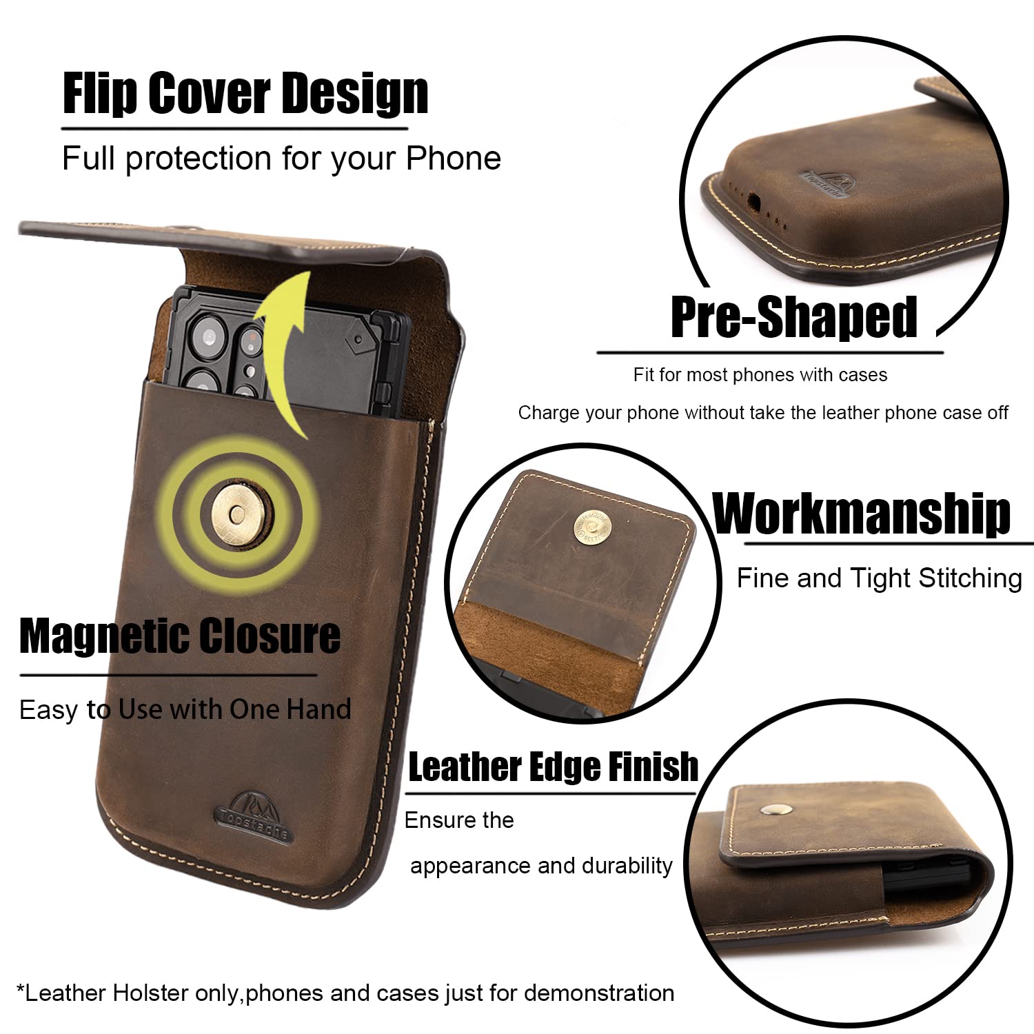 Topstache Leather Phone Holster for iPhone 17 16 15 14 13 Pro Max and Plus - Belt Clip Cell Phone Case for Galaxy S25 S24 S23 Ultra and Plus - - View 2 of 6