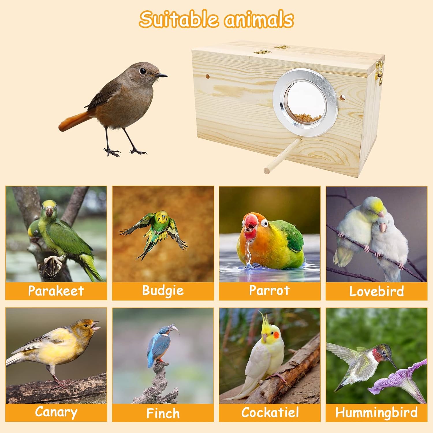 PINVNBY PINVNBY Natural Wood Parakeet Nesting Box for Budgies and Small Birds Transparent Panoramic Design Ideal for Breeding and Caging - View 4 of 7