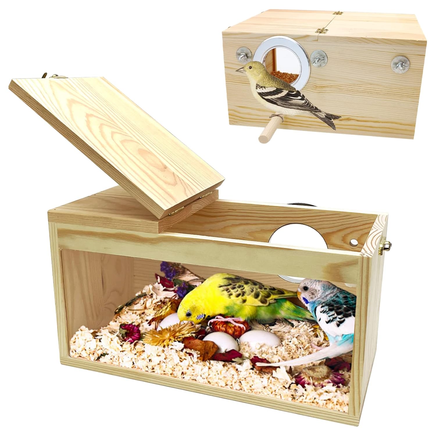 PINVNBY PINVNBY Natural Wood Parakeet Nesting Box for Budgies and Small Birds Transparent Panoramic Design Ideal for Breeding and Caging