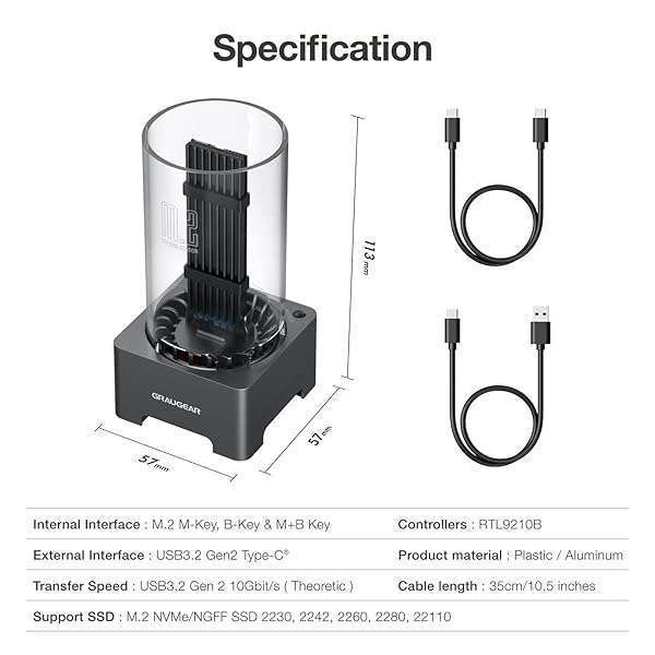 GRAUGEAR GRAUGEAR M.2 NVMe SSD Enclosure with Cooling Fan & USB 3.2 Gen 2 - Fast 10Gbps Docking Station for M Key & B+M Key Drives - View 11 of 11