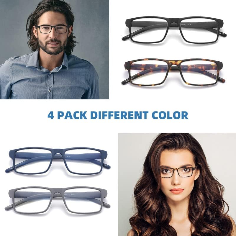 JAWSOCK JAWSOCK 4 Pack Blue Light Blocking Reading Glasses for Men and Women Rectangular Frame Anti Eyestrain UV Ray Eyeglasses 1.75x - View 5 of 8