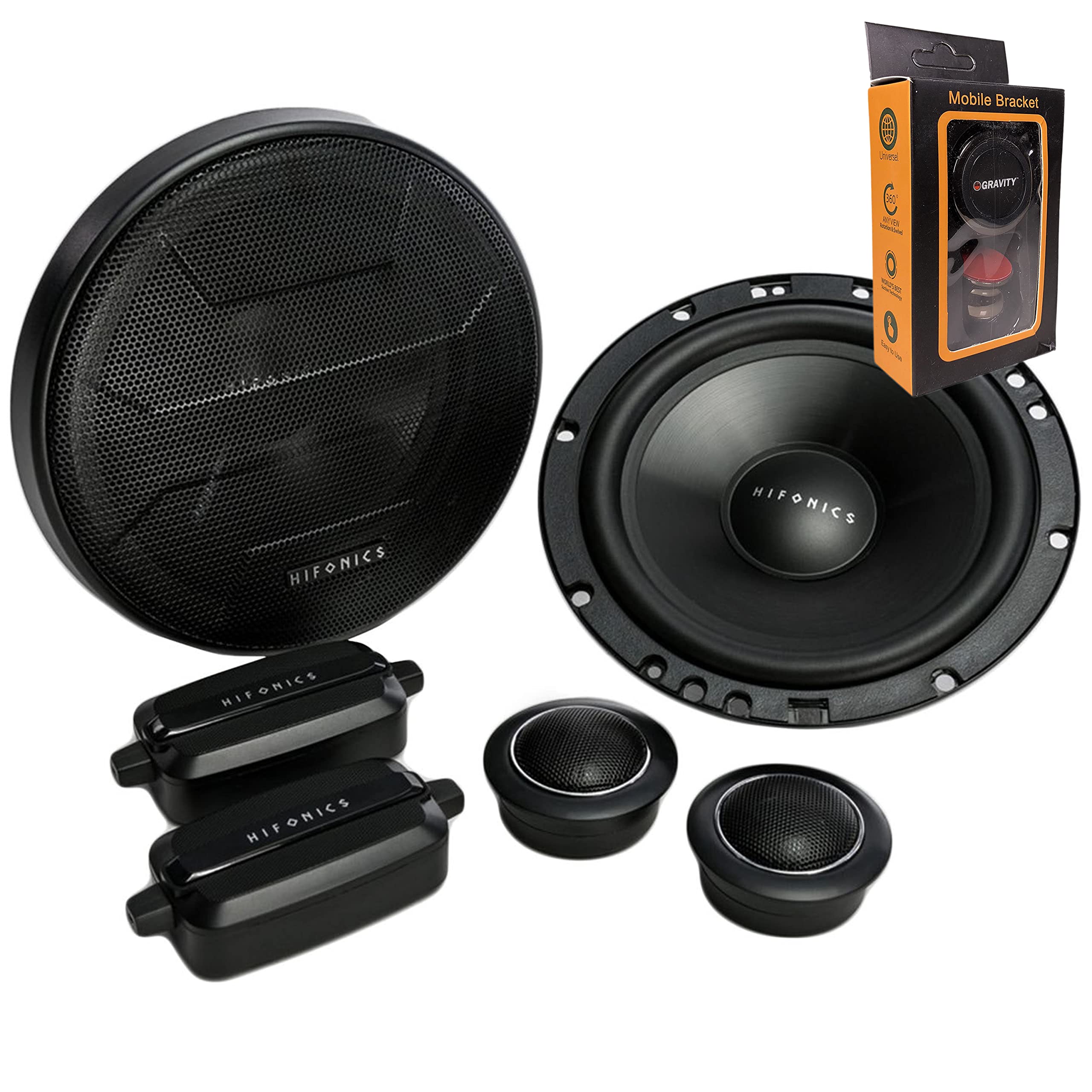 Hifonics ZS65C Zeus Series 6.5" 400-Watt 2-Way Car Audio Component Speaker System Bundle with Gravity Magnet Phone Holder