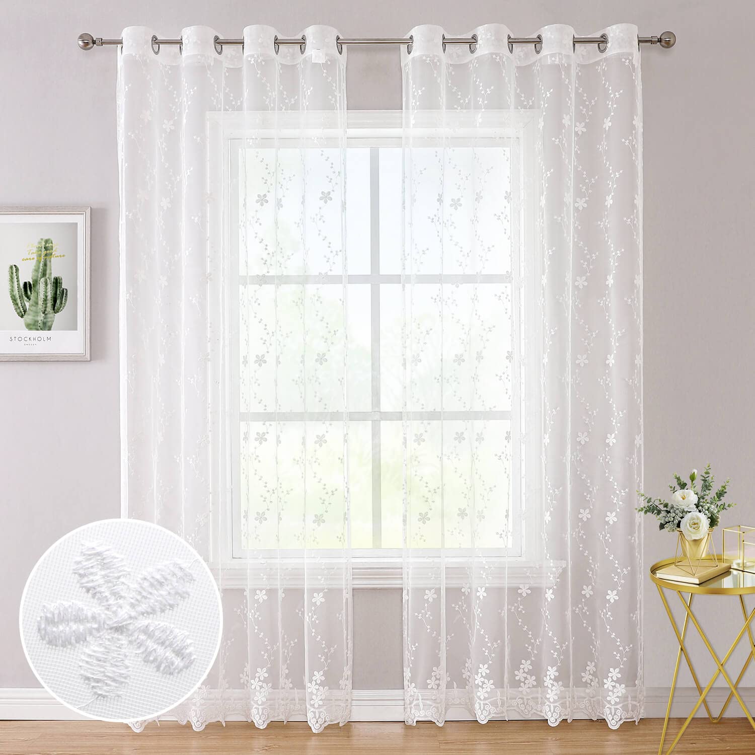 WUBODTI WUBODTI White Lace Sheer Curtains 63 Inch for Kids Room Nursery Floral Embroidered Tulle Window Panels Elegant Short Curtains for Girls Room Decor