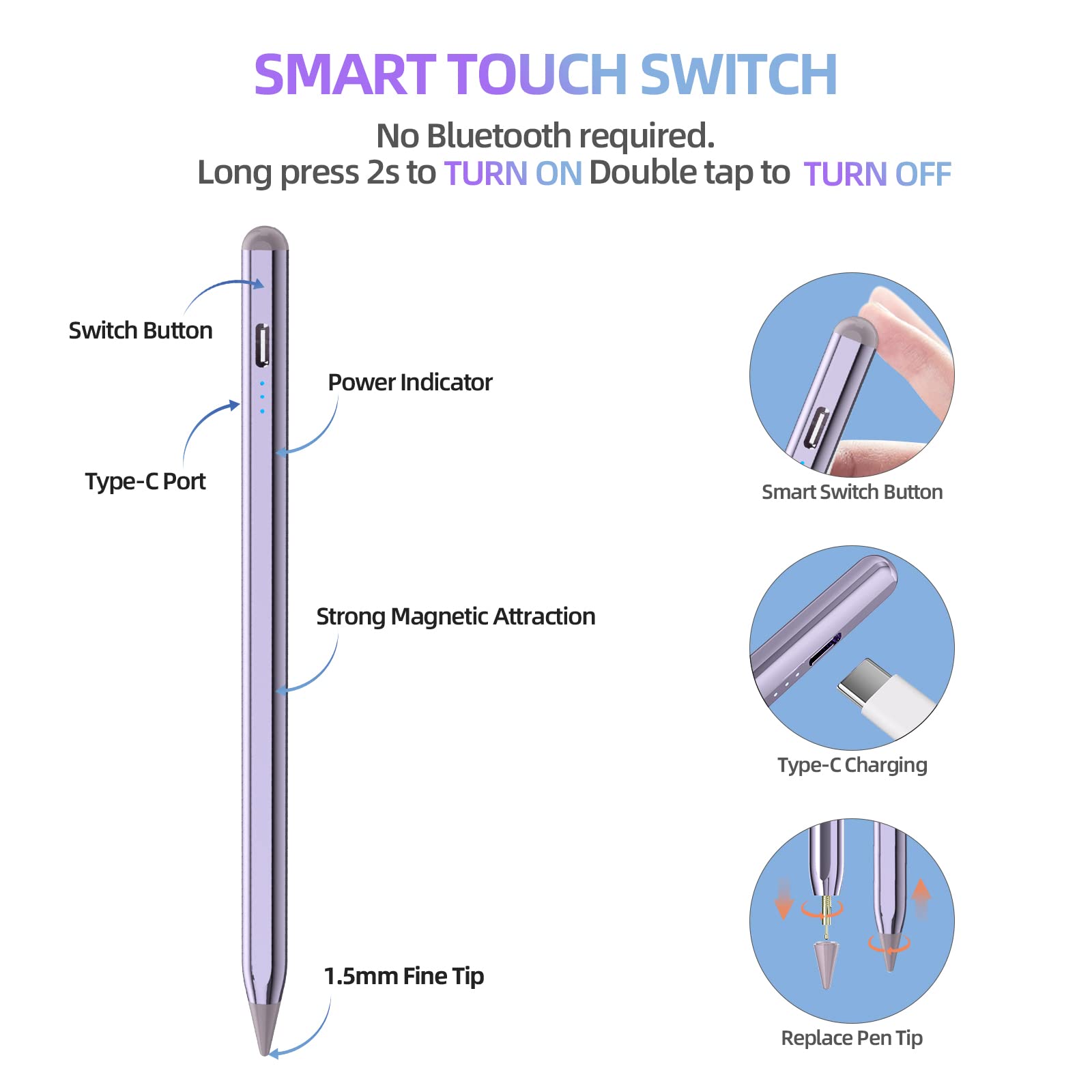 MMK Stylus Pen for iPad 6th-10th, A16, Energy-Saving Fast Charging Apple Pencil for iPad Air 5 4 3rd, iPad Pro 11 12.9 Inch, iPad mini 5 6th (Purple) - View 6 of 9