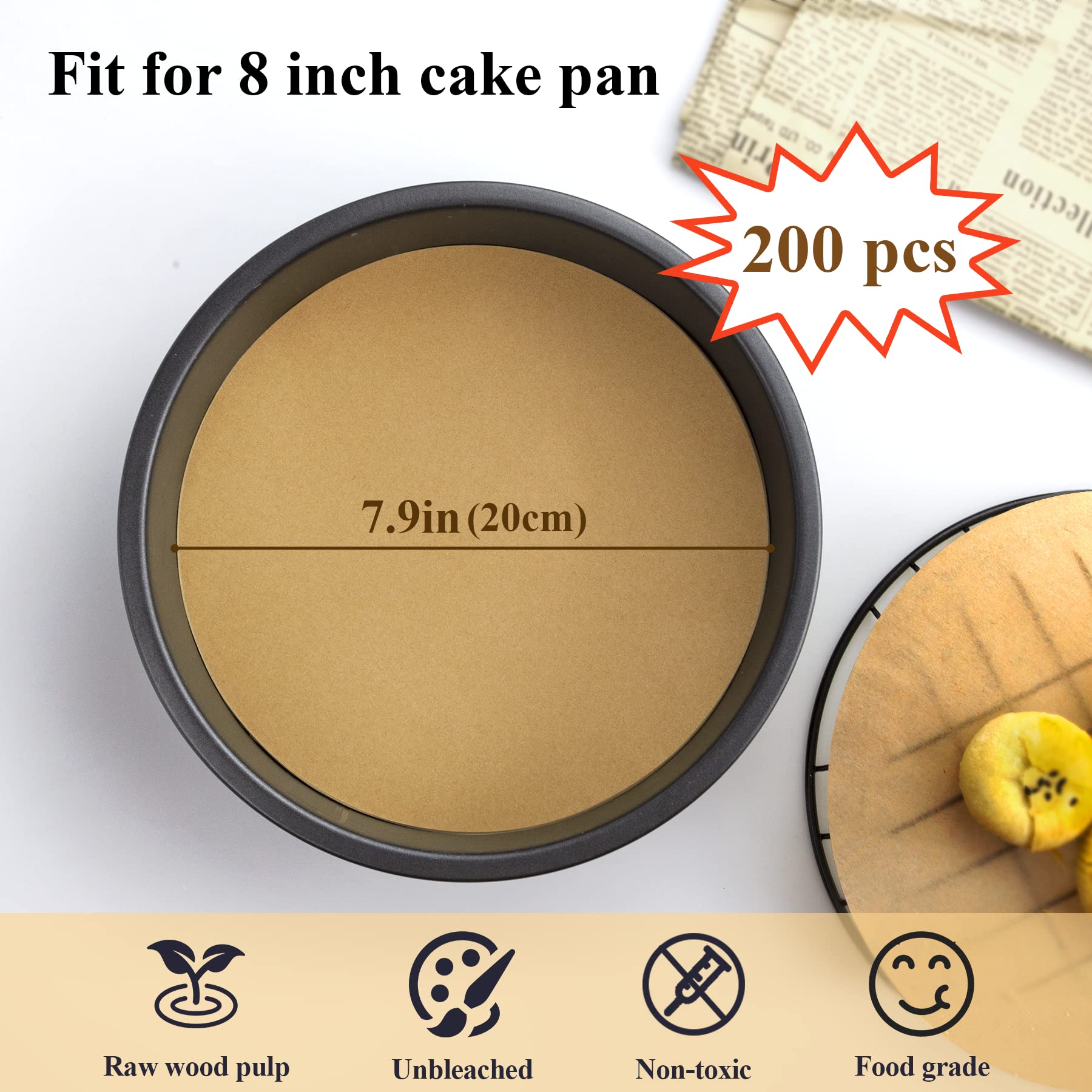 DISSKNIC DISSKNIC 8 Inch Unbleached Non Stick Parchment Paper Rounds 200PCS Precut for Baking Sheets Cake Pans and Bamboo Steamer - View 2 of 8