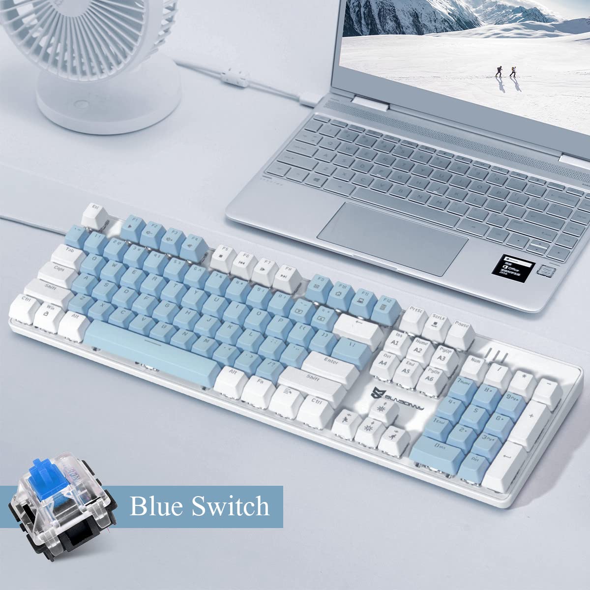 Qisan 104 Mechanical Keyboard for Gaming | Large Size USB White Backlit Gaming Keyboard Wired | US Layout Blue Switches Hot Swappable Mechanical - View 4 of 7