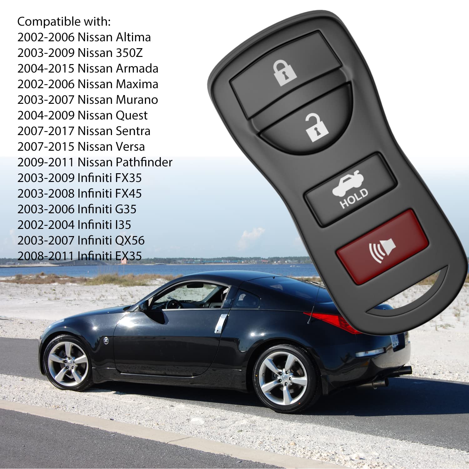 4 Button Car Keyless Entry Remote Key Fob Fits for Nissan 350Z Altima Armada Maxima Murano Pathfinder Sentra Versa Quest Infiniti QX56 EX35 FX35 FX45 - View 2 of 7