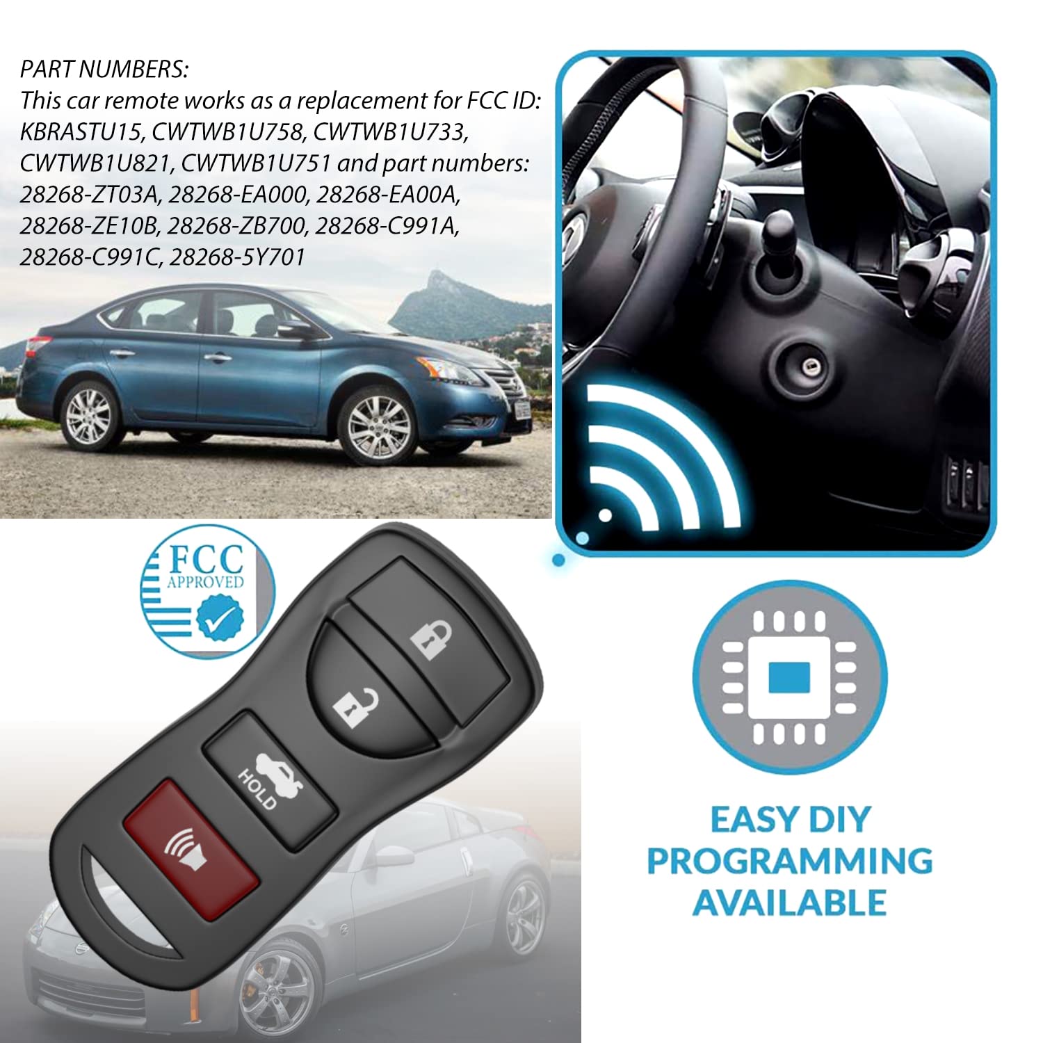 4 Button Car Keyless Entry Remote Key Fob Fits for Nissan 350Z Altima Armada Maxima Murano Pathfinder Sentra Versa Quest Infiniti QX56 EX35 FX35 FX45 - View 6 of 7