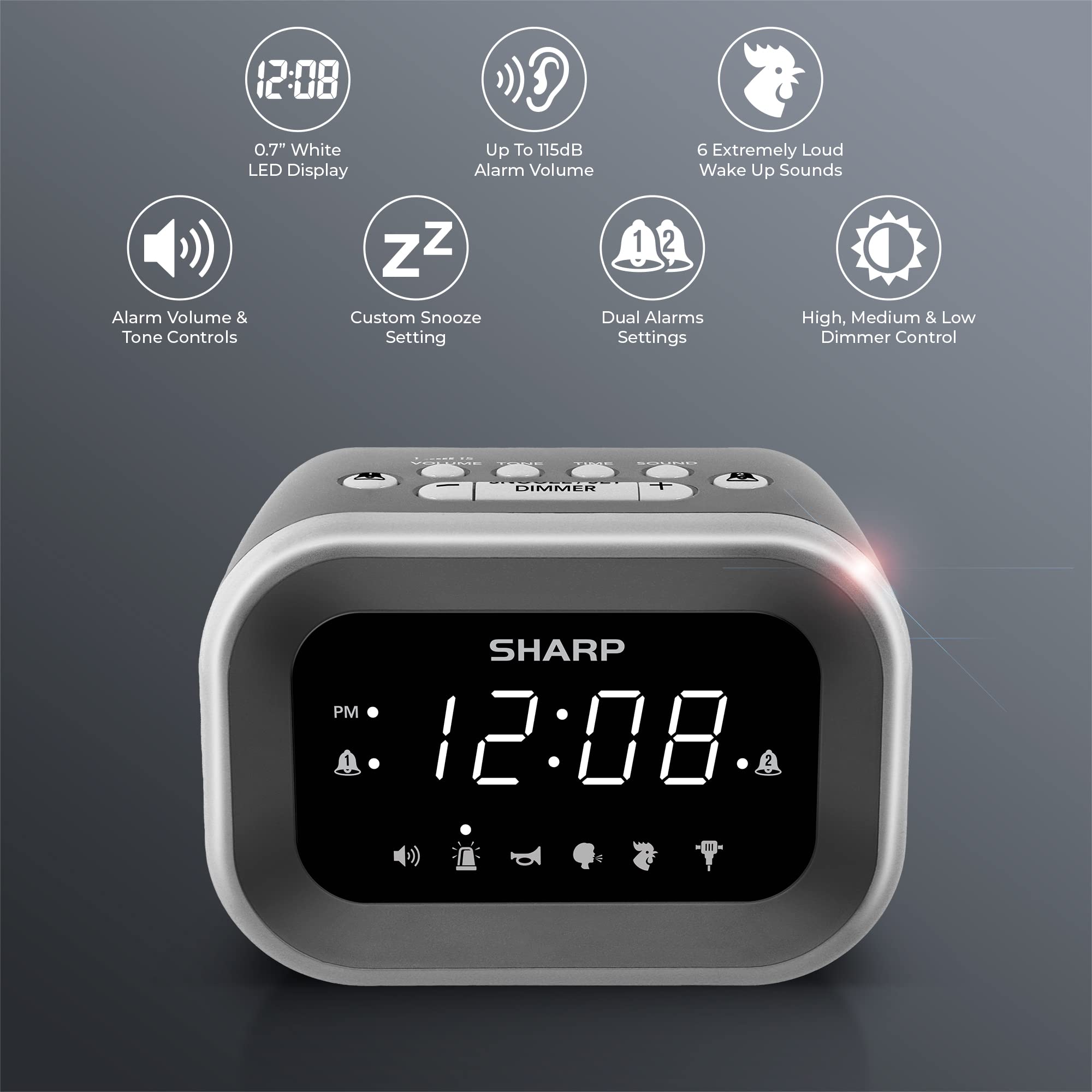 Sharp Big Bang Super Loud Alarm Clock for Heavy Sleepers with 6 Loud Sounds and 115db Volume in Silver Black with White LED Display - View 2 of 7