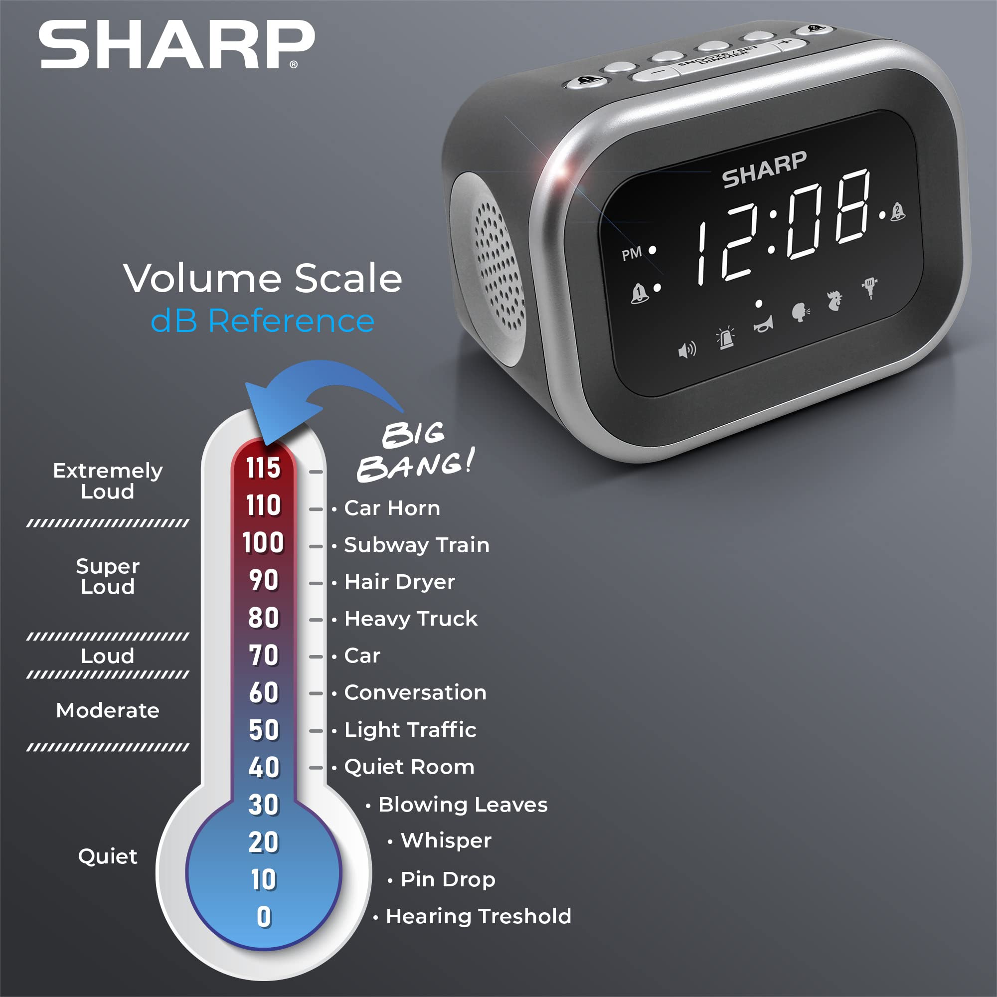 Sharp Big Bang Super Loud Alarm Clock for Heavy Sleepers with 6 Loud Sounds and 115db Volume in Silver Black with White LED Display - View 5 of 7