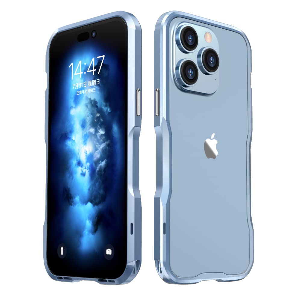 HENGHUI iPhone 14 Pro Aluminum Bumper Case Slim Shock Absorbent Metal Frame Light Blue Cool Design