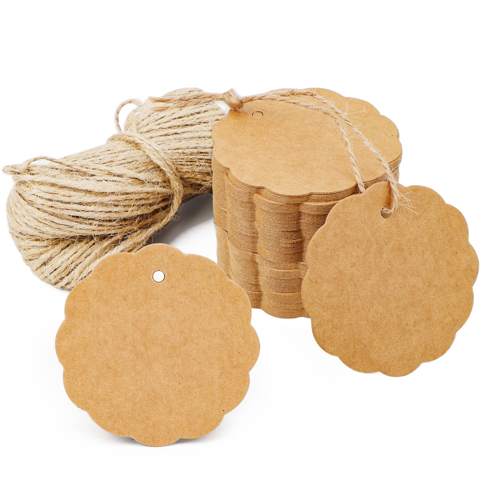Segarty Craft Tags - 100 PCS Brown Flower Paper Gift Tags with 65 Feet Jute Twine for Wedding Birthday Gifts, Craft Projects