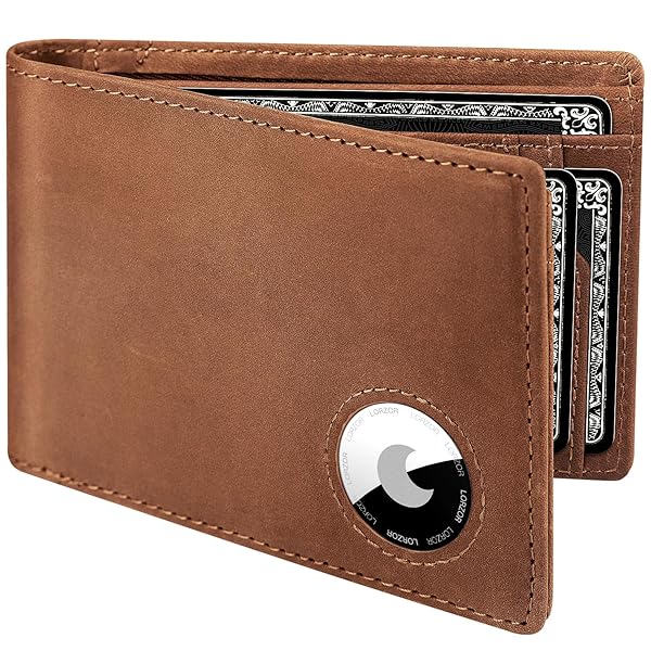 LORZOR Bifold Full Grain Leather AirTag Wallet for Men RFID Blocking Minimalist Design Holds 11 Cards Perfect Gift for Apple AirTag Users
