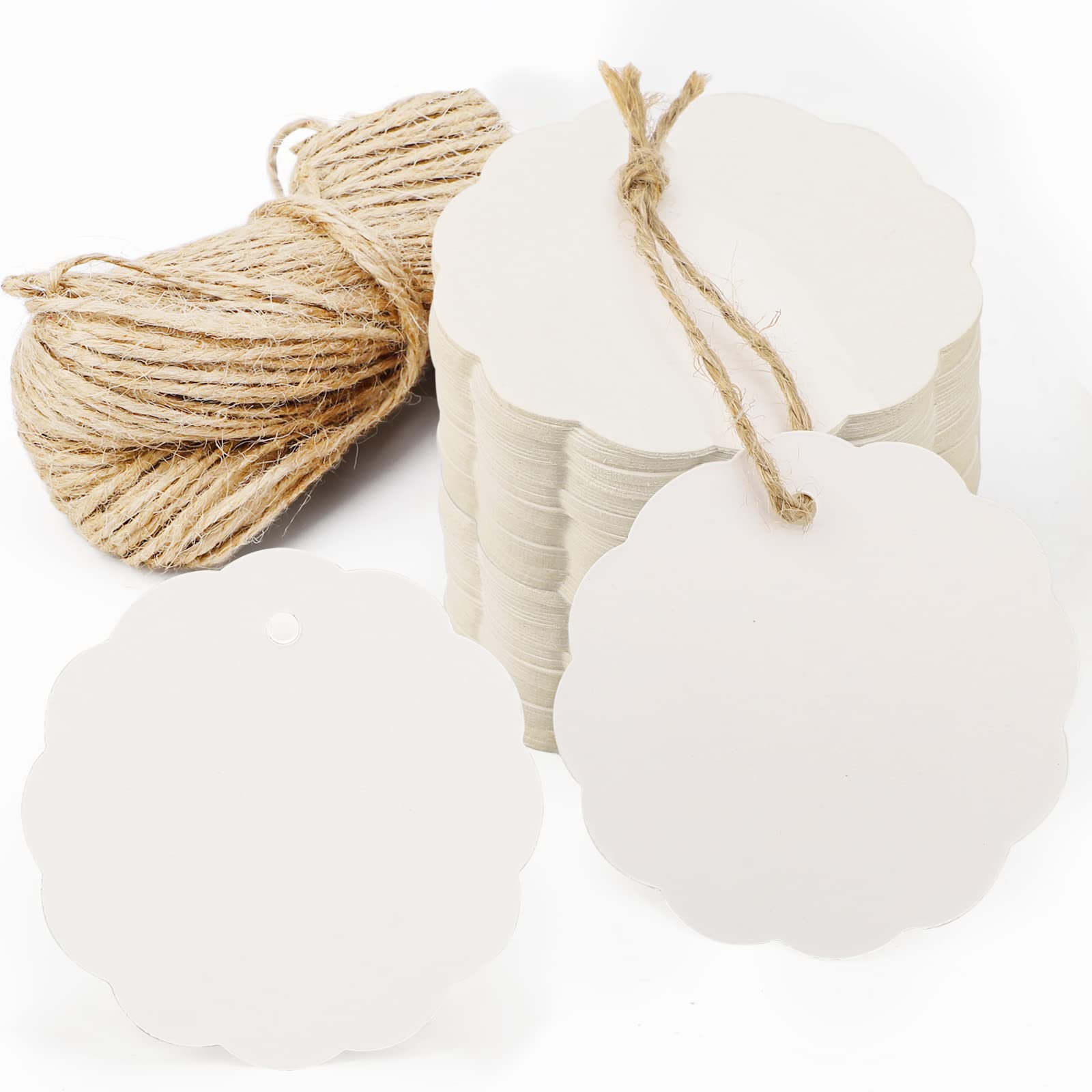 Segarty 200 PCS Flower Paper Tags with 100 Feet Jute Twine, Round Thick Hang Tags for Gifts Wrapping, Craft Project, Xmas Gift, DIY Wedding Bag