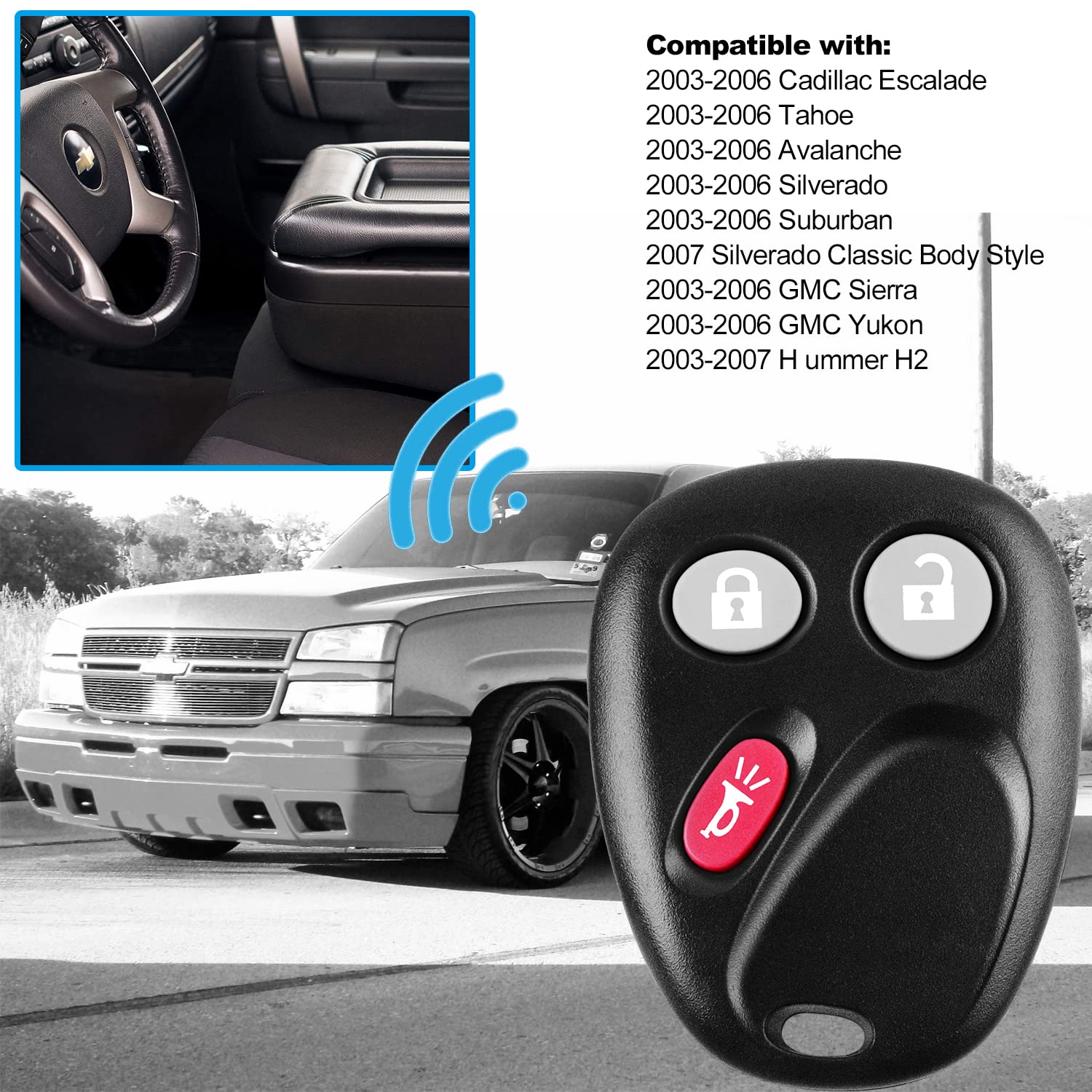 Car Key Keyless Entry Replacement fits for 2003 2004 2005 2006 2007 Cadillac Escalade Chevy Avalanche Silverado Suburban Tahoe and GMC Sierra Yukon - View 4 of 7