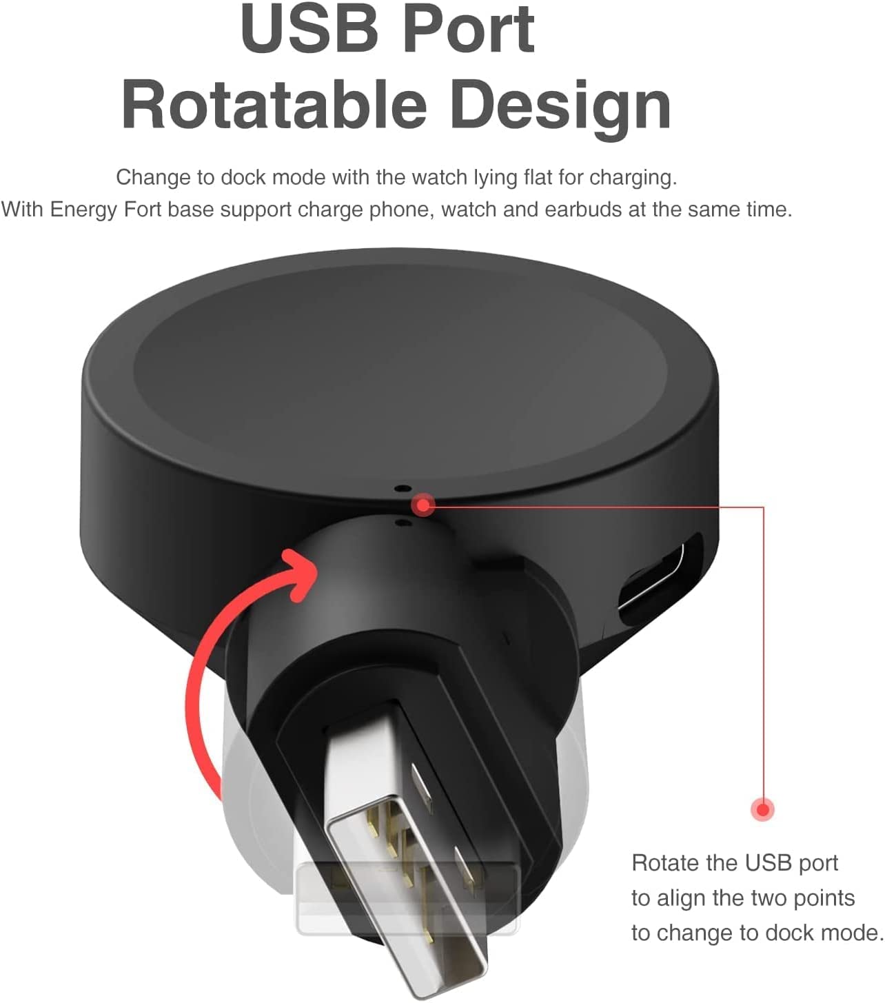 Portable Watch Charger for Galaxy Watch 7 6 6 Classic 5, Rotatable USB Travel Charging Dock Compatible with Galaxy 4 Classic 3 and Active 2 - View 3 of 8