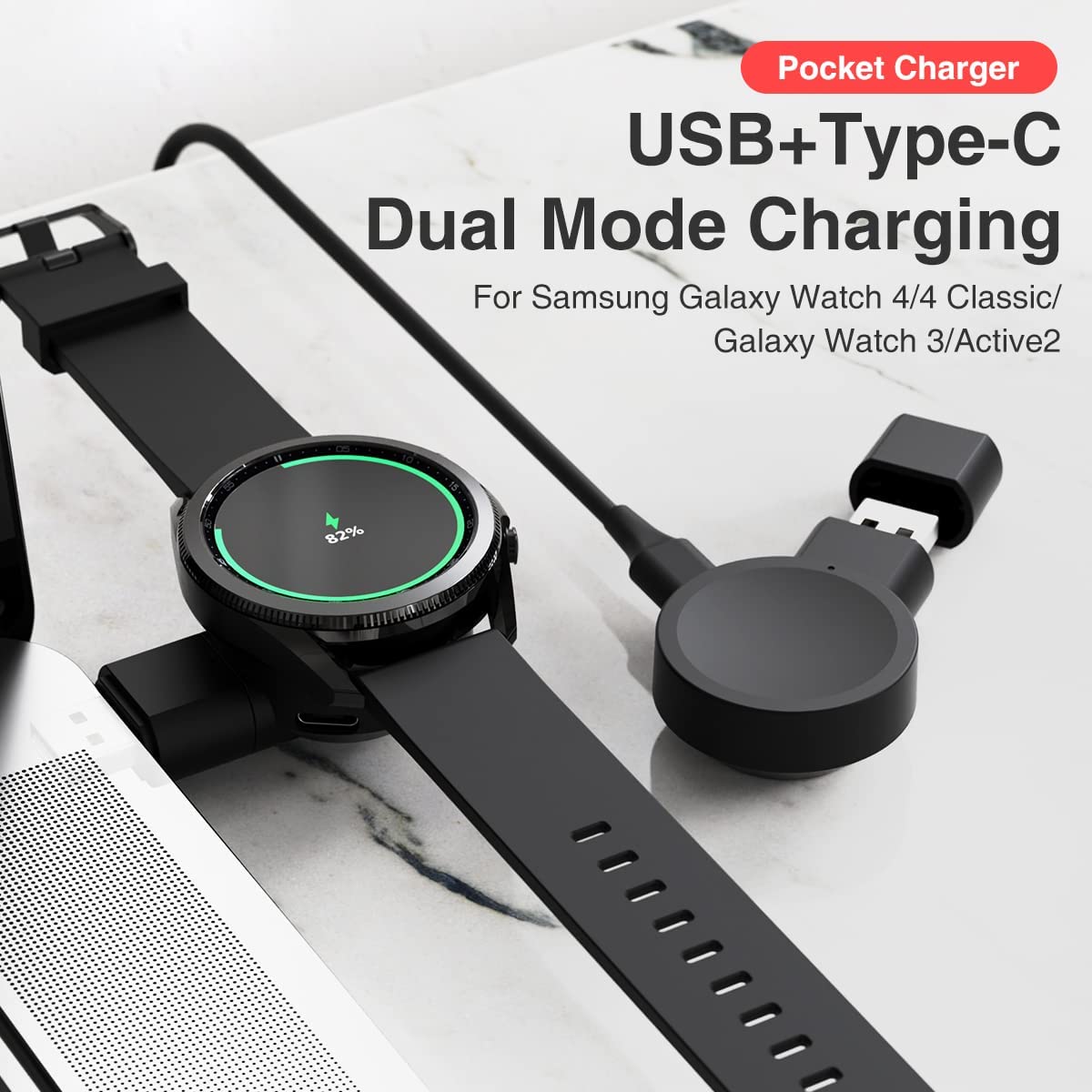 Portable Watch Charger for Galaxy Watch 7 6 6 Classic 5, Rotatable USB Travel Charging Dock Compatible with Galaxy 4 Classic 3 and Active 2 - View 4 of 8