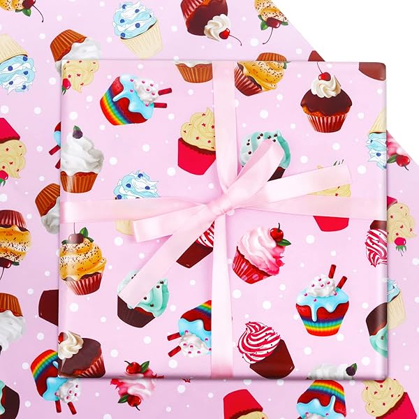 AircooL Birthday Wrapping Papers 7 Sheets Pink Cupcake Muffin Gift Wrap 20x28 inch with Pink Ribbon for Kids Girls Boys Birthday Baby Shower