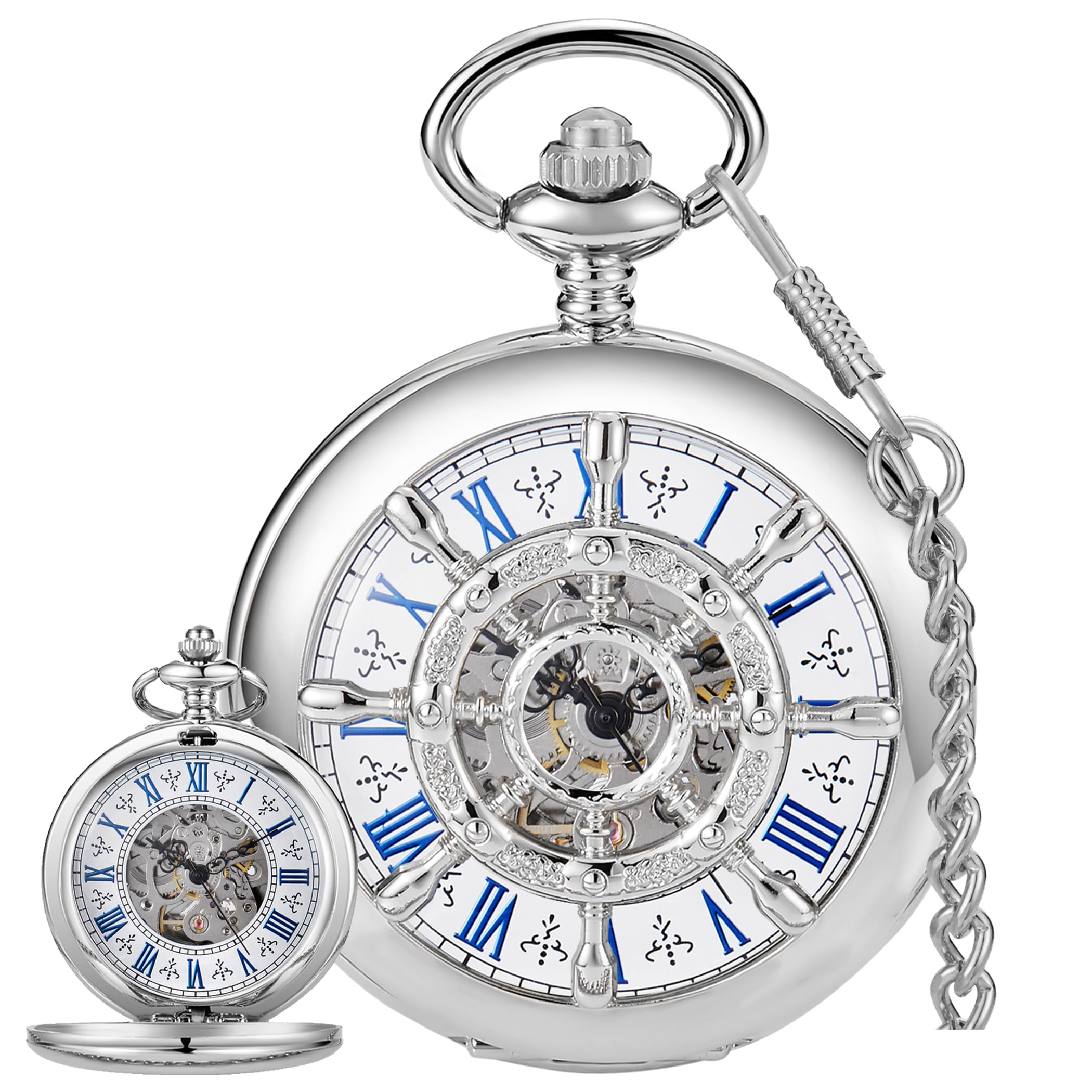 Alwesam Men's Mechanical Rudder Design Hand Wind Pocket Watch Roman Numerals Steampunk with Chain Box