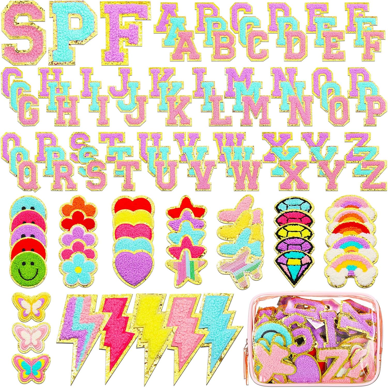Yilloog 120 Pcs Chenille Letter Patches Iron on Embroidered Stickers for DIY Clothing Hats Jackets Jeans in Pink Purple Blue