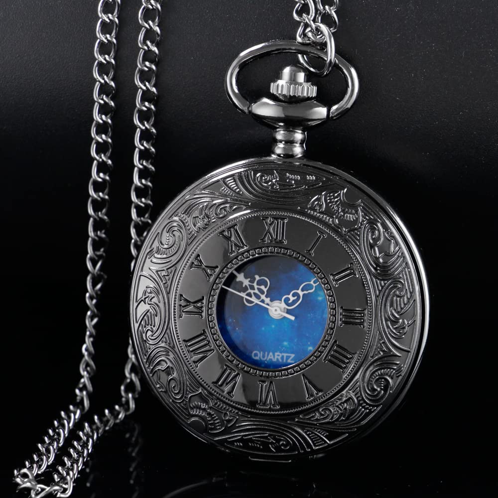 Tiong Tiong Roman Numerals Scale Pocket Watch Blue Starry Night Moon Dial for Men Perfect Gift for Christmas Graduation and Father's Day - View 2 of 7