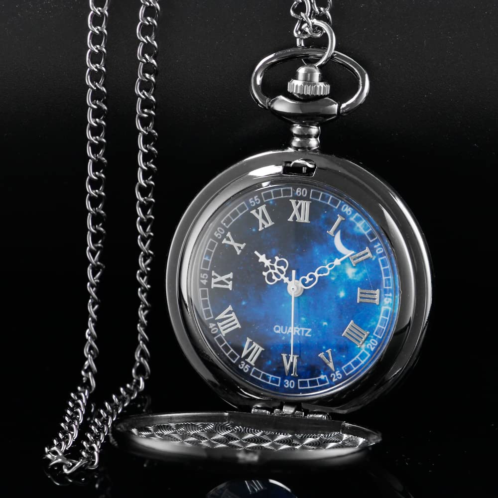 Tiong Tiong Roman Numerals Scale Pocket Watch Blue Starry Night Moon Dial for Men Perfect Gift for Christmas Graduation and Father's Day - View 3 of 7