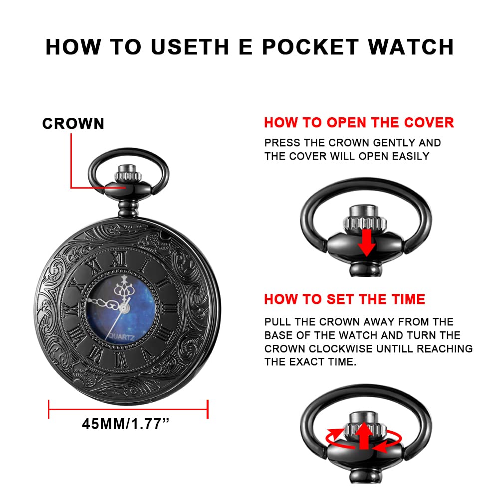 Tiong Tiong Roman Numerals Scale Pocket Watch Blue Starry Night Moon Dial for Men Perfect Gift for Christmas Graduation and Father's Day - View 7 of 7