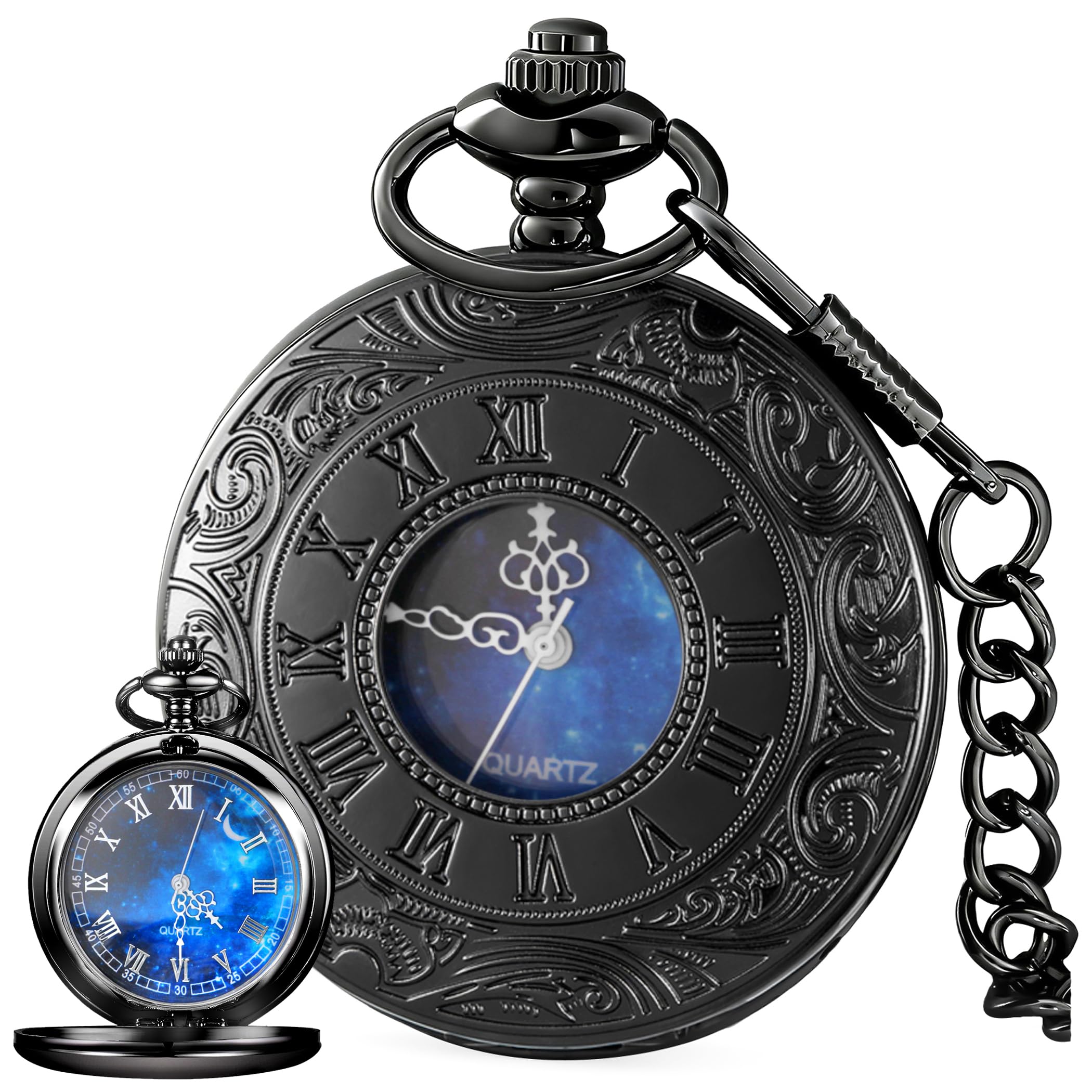 Tiong Tiong Roman Numerals Scale Pocket Watch Blue Starry Night Moon Dial for Men Perfect Gift for Christmas Graduation and Father's Day