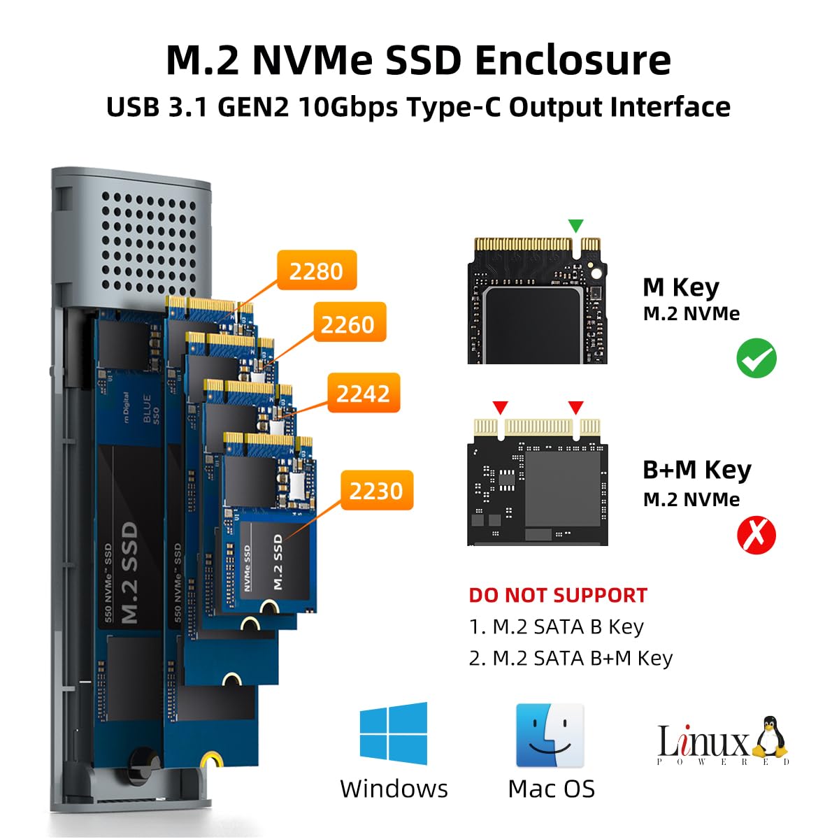 MAIWO MAIWO M2 NVMe SSD Enclosure USB 3.1 Gen2 10Gbps 4TB Tool Free PCIe to USB C Adapter Reader Case - View 2 of 8