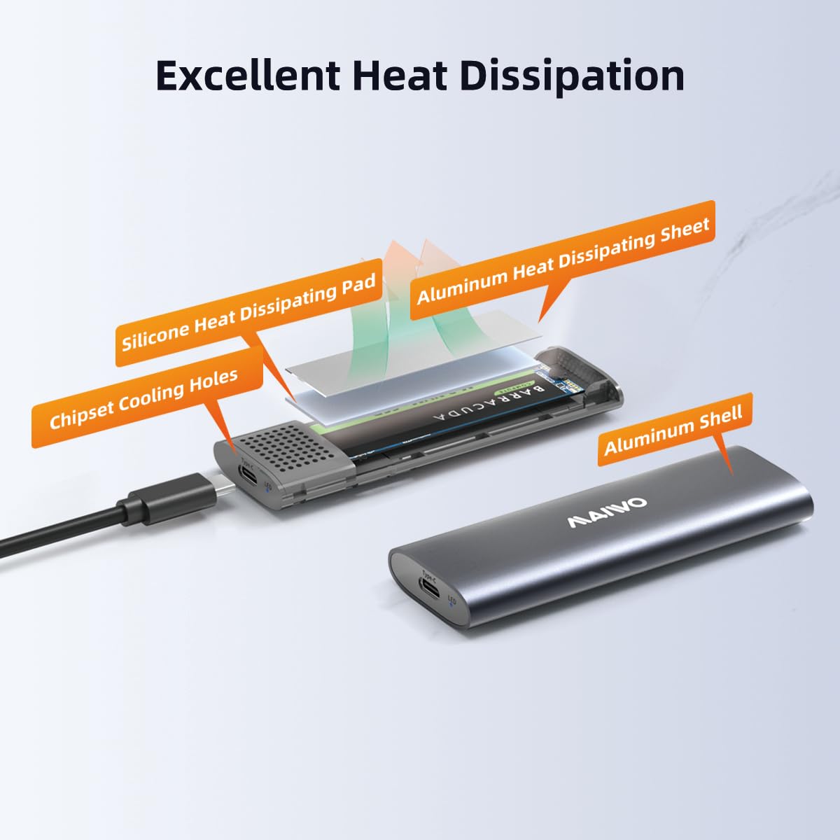 MAIWO MAIWO M2 NVMe SSD Enclosure USB 3.1 Gen2 10Gbps 4TB Tool Free PCIe to USB C Adapter Reader Case - View 4 of 8