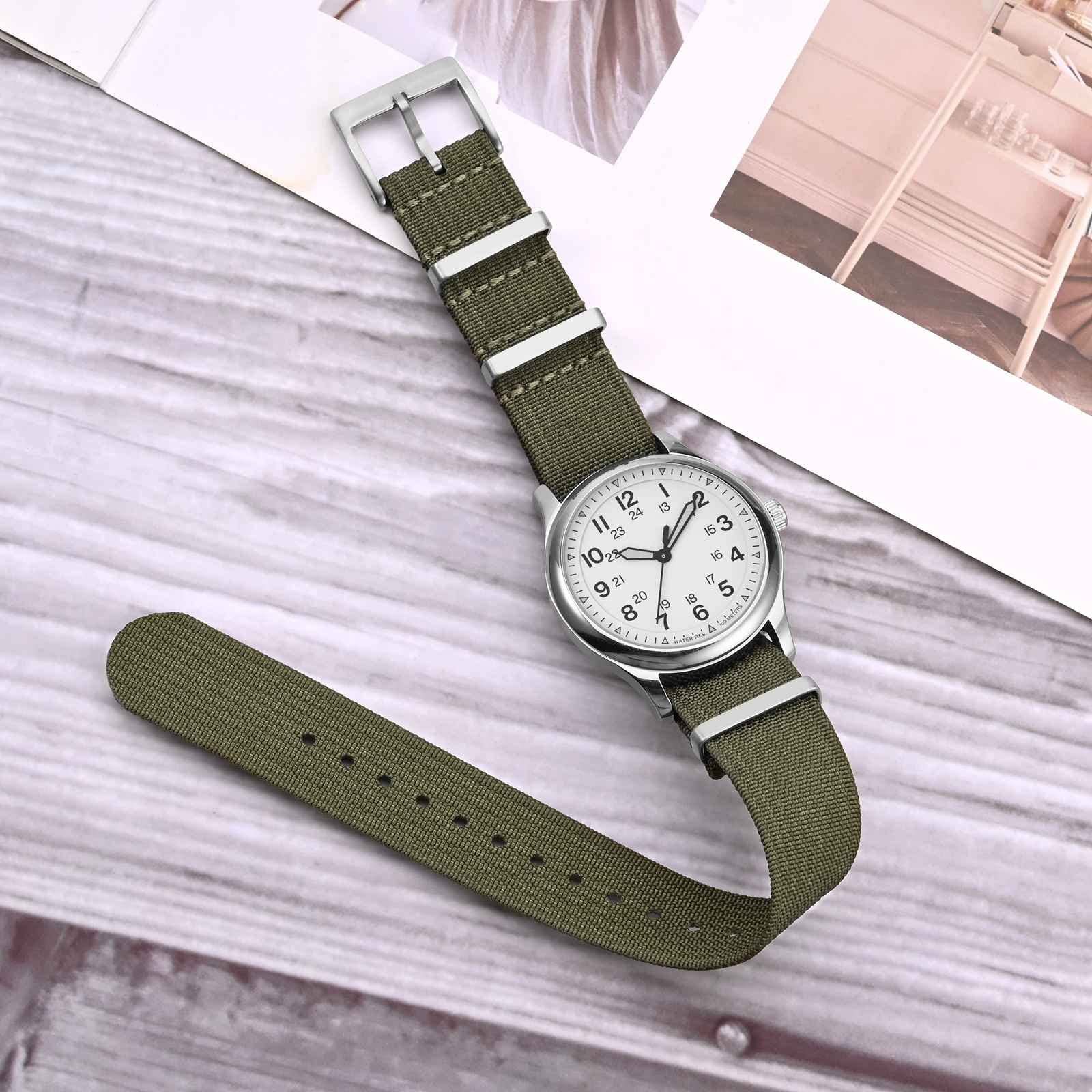 ANNEFIT ANNEFIT 20mm Nylon Watch Band One-Piece Waterproof Military Strap with Heavy Black Buckle in Army Green - View 2 of 8
