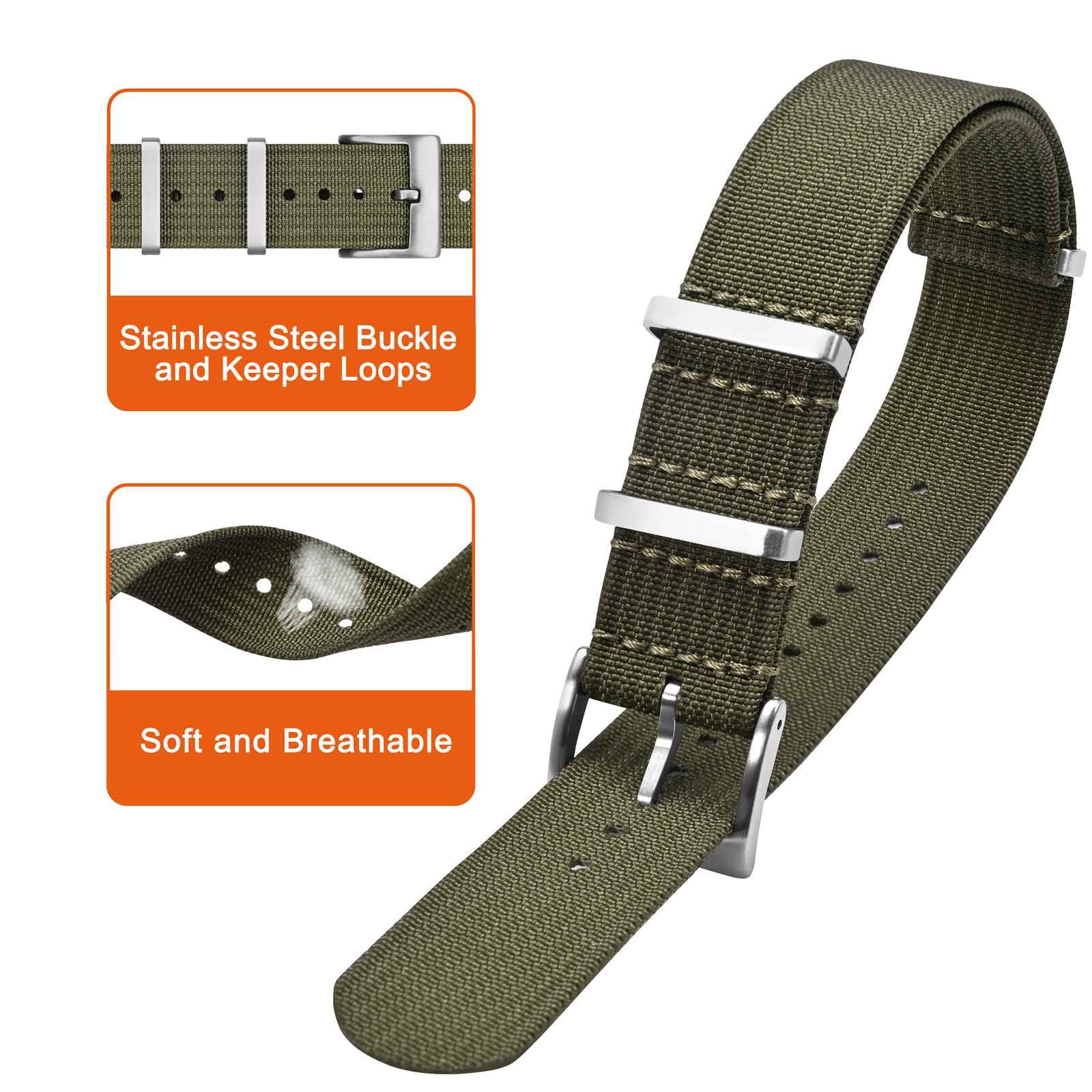 ANNEFIT ANNEFIT 20mm Nylon Watch Band One-Piece Waterproof Military Strap with Heavy Black Buckle in Army Green - View 3 of 8