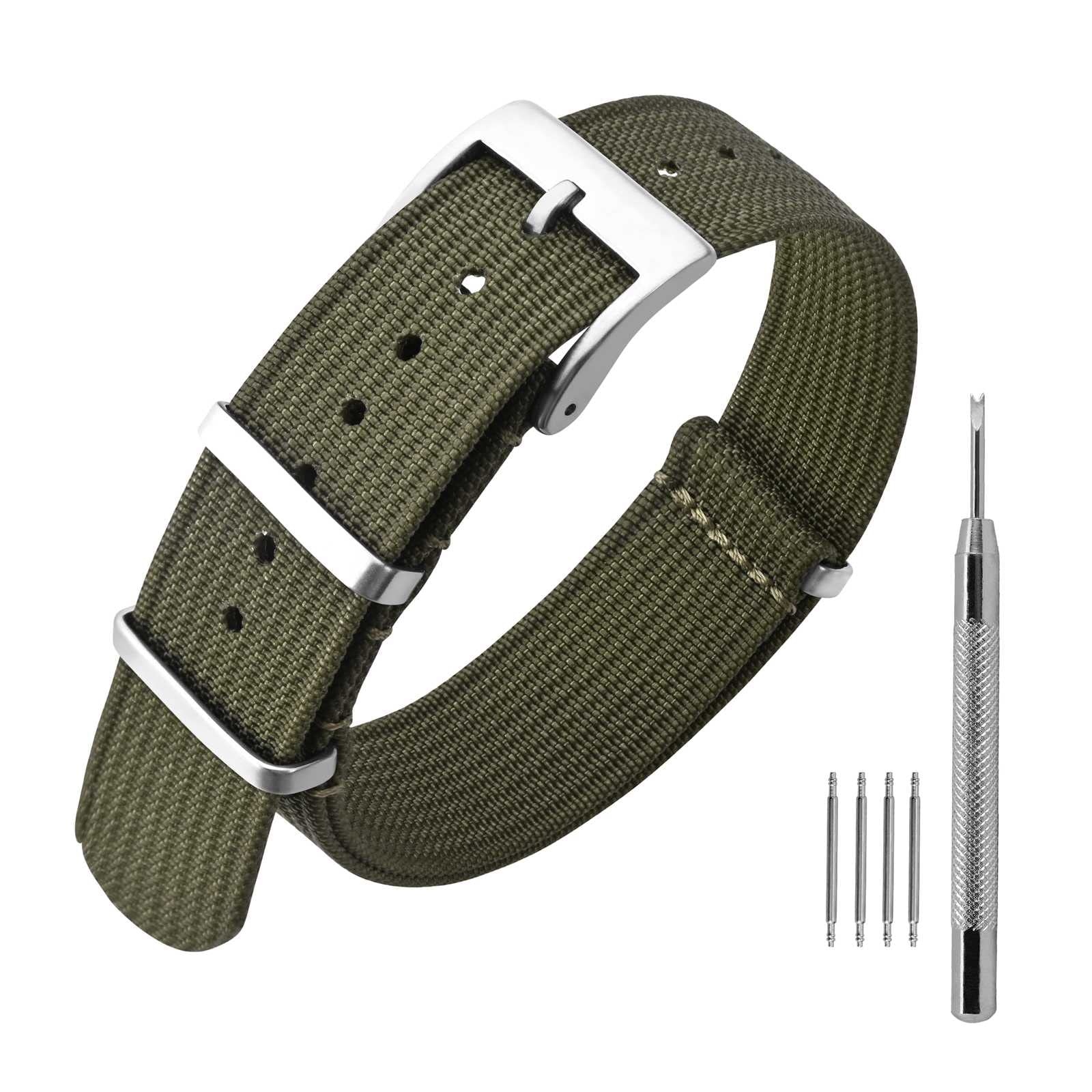 ANNEFIT ANNEFIT 20mm Nylon Watch Band One-Piece Waterproof Military Strap with Heavy Black Buckle in Army Green