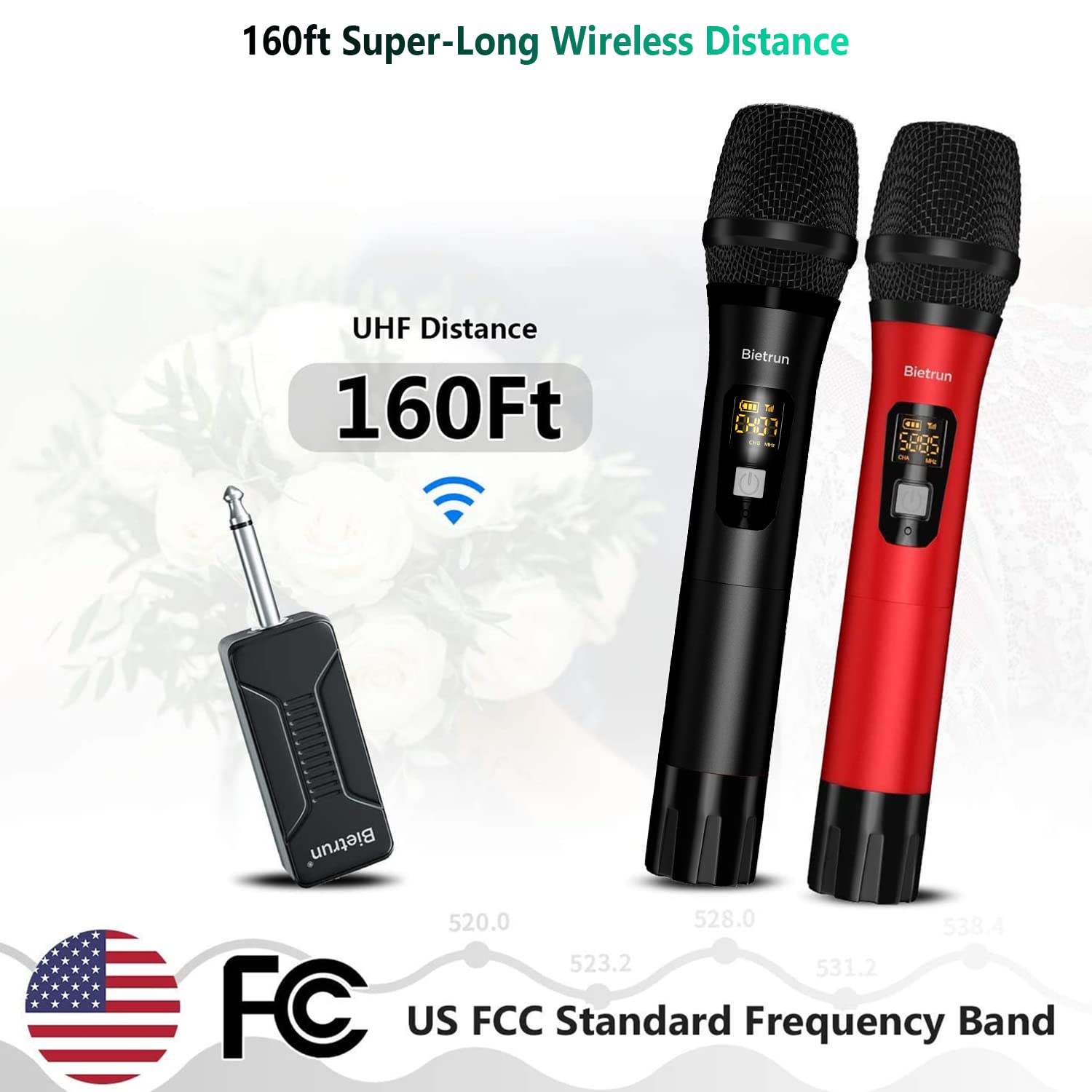 Bietrun Wireless Microphone Dynamic Mic System with Rechargeable Receiver, 1 4" Output, for Karaoke, Church, Speech, Wedding, Party Singing(160 ft - View 2 of 7