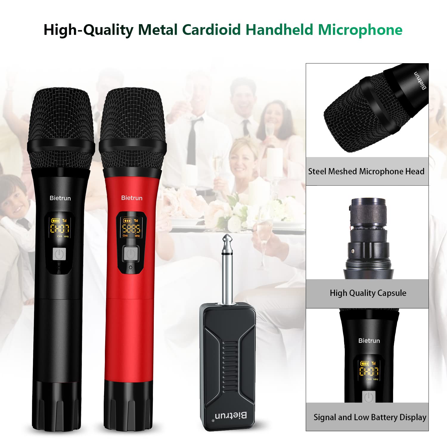 Bietrun Wireless Microphone Dynamic Mic System with Rechargeable Receiver, 1 4" Output, for Karaoke, Church, Speech, Wedding, Party Singing(160 ft - View 3 of 7