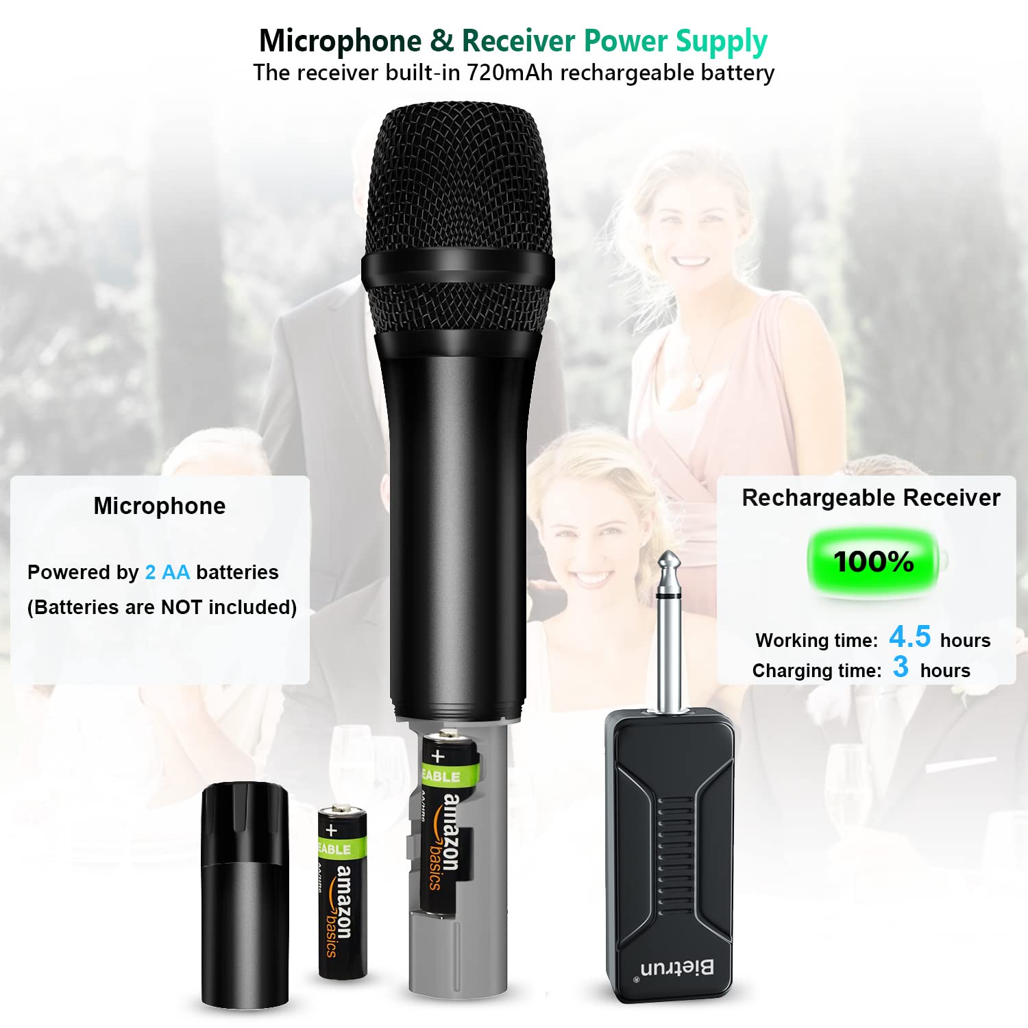 Bietrun Wireless Microphone Dynamic Mic System with Rechargeable Receiver, 1 4" Output, for Karaoke, Church, Speech, Wedding, Party Singing(160 ft - View 4 of 7