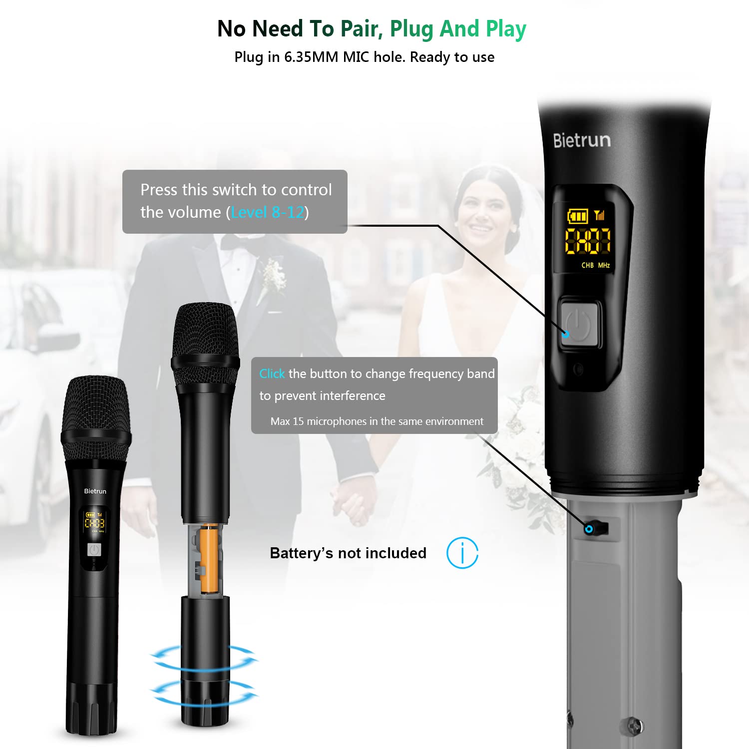 Bietrun Wireless Microphone Dynamic Mic System with Rechargeable Receiver, 1 4" Output, for Karaoke, Church, Speech, Wedding, Party Singing(160 ft - View 5 of 7