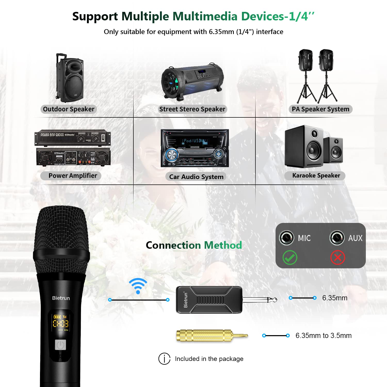 Bietrun Wireless Microphone Dynamic Mic System with Rechargeable Receiver, 1 4" Output, for Karaoke, Church, Speech, Wedding, Party Singing(160 ft - View 6 of 7