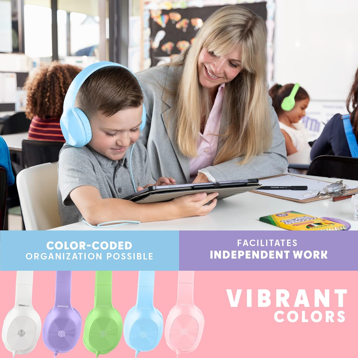 Sonitum Sonitum Kids Headphones for School 5-Pack On-Ear Wired Adjustable Cushioned Mixed Colors - View 6 of 7
