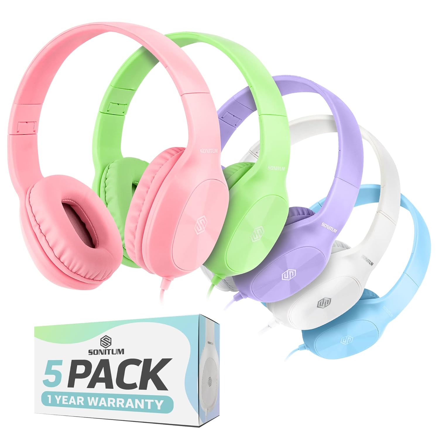 Sonitum Sonitum Kids Headphones for School 5-Pack On-Ear Wired Adjustable Cushioned Mixed Colors
