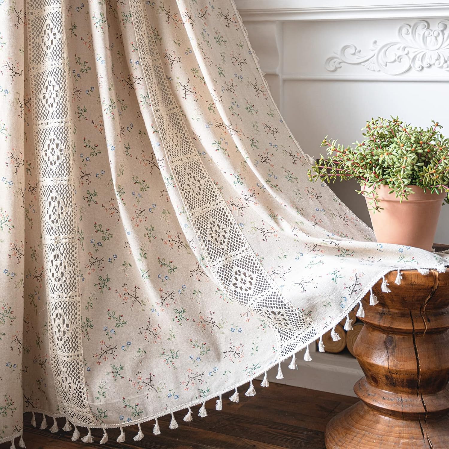 Sutuo Home Sutuo Boho Semi-Blackout Crochet Lace Curtains with Floral Print for Living Room and Bedroom 59W x 84L Handmade Tassels Rod Pocket Panel